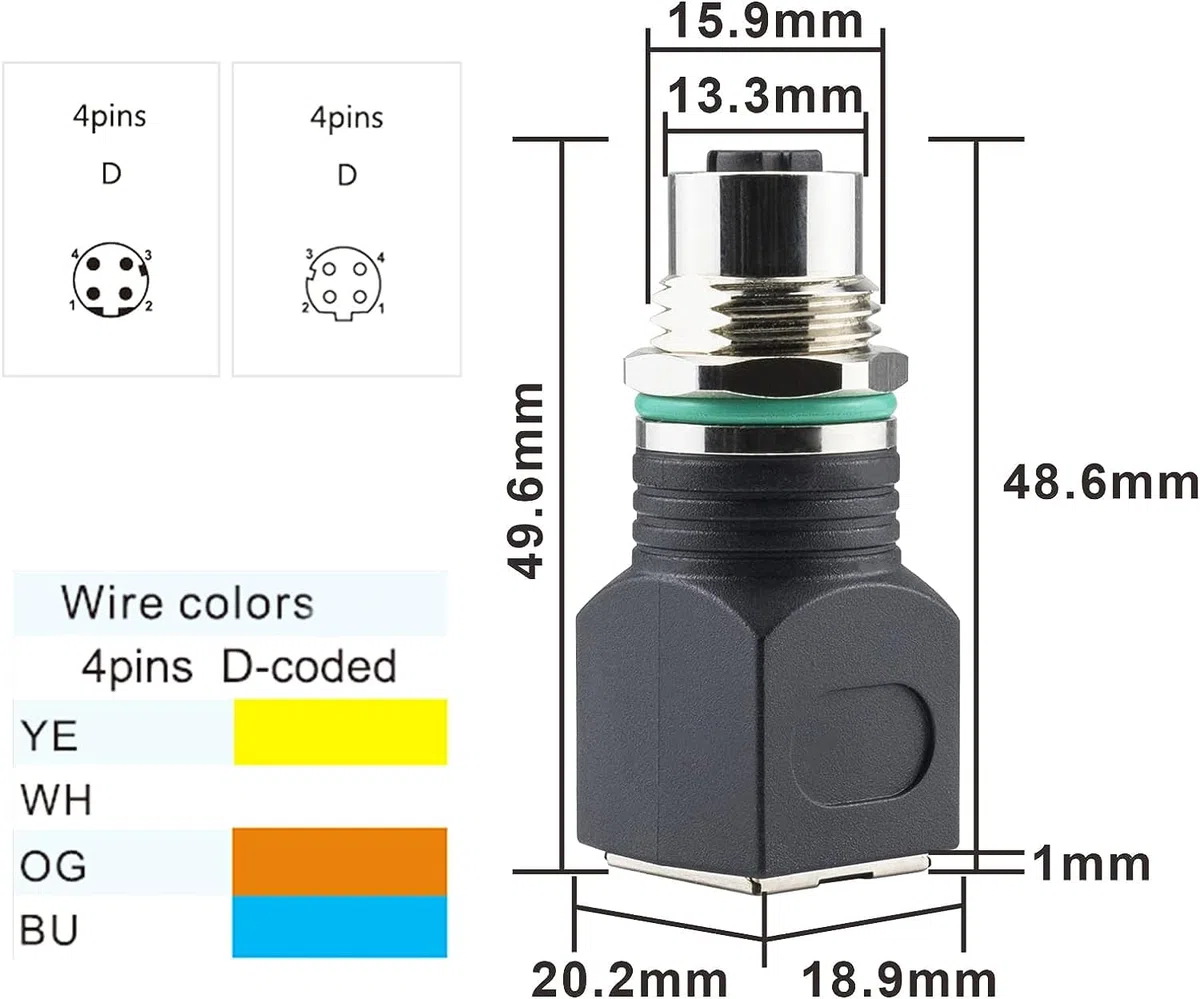 Adattatore M12 a RJ45, 4 Pin, Codice D, IP68, Impermeabile, Schermato, Femmina, Ethernet Cat6/Cat5, ASITPA-4512MD-S