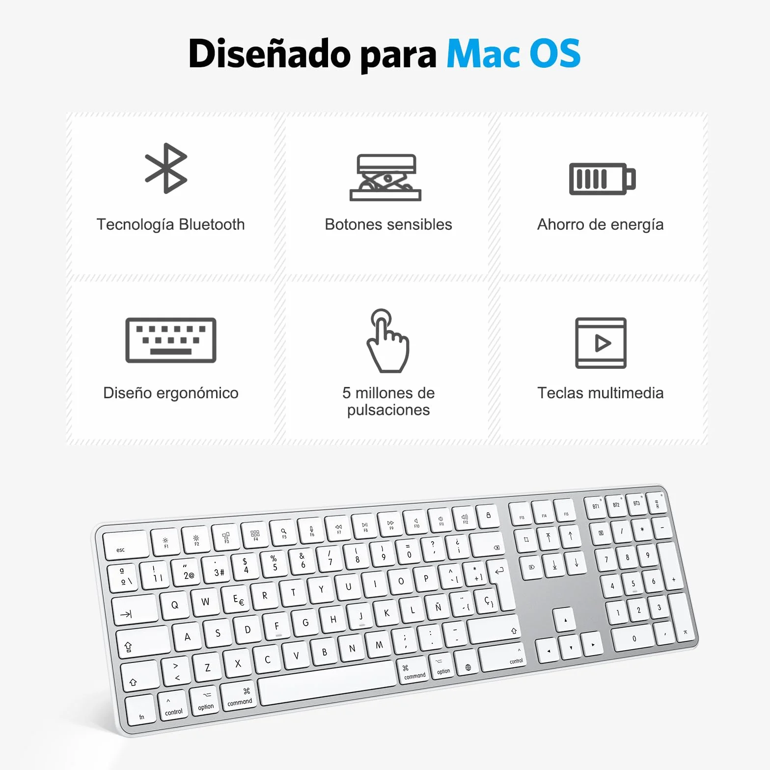 OMOTON Tastiera wireless Bluetooth per Mac, compatibile con MacBook Pro/Air, iMac/Mac Mini/Pro, ricaricabile e con 3 canali Bluetooth, distribuzione spagnola (argento)