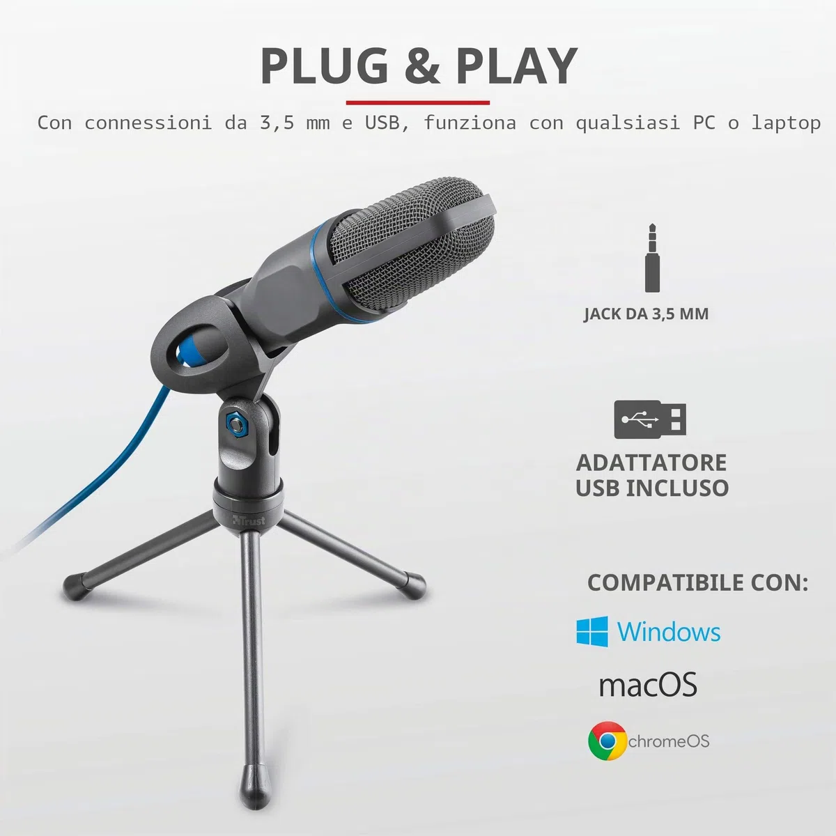 Trust Mico PC Microfono a Condensatore con Supporto, Cavo da 1.80 m, Treppiede, USB Plug & Play, PC/Laptop/Computer, Microfono per Podcasting, Voice, Skype, Teams, Zoom, Twitch, Streaming