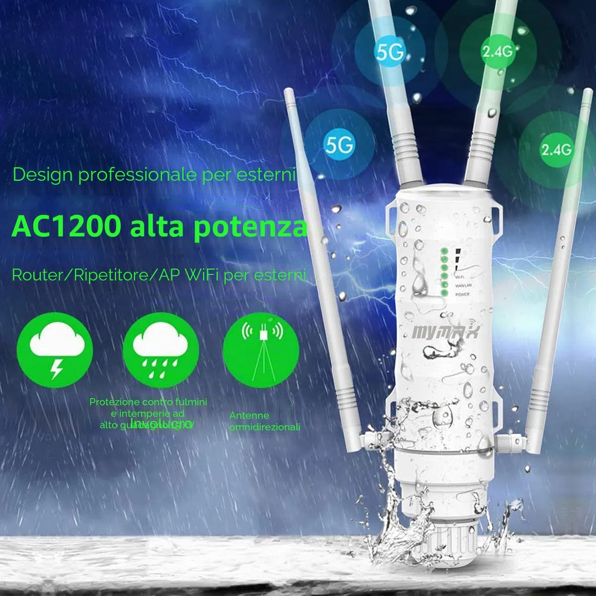 AC1200 Dual Band 2.4+5GHz 1200Mbit/s Ripetitore WiFi Esterno Potente/Extender Mesh WiFi Outdoor/Access Point (AP)/Antenna WiFi/Amplificatore Segnale WiFi(1xGigabit LAN, 4x7dBi, PoE Passivo, WN572HP3)