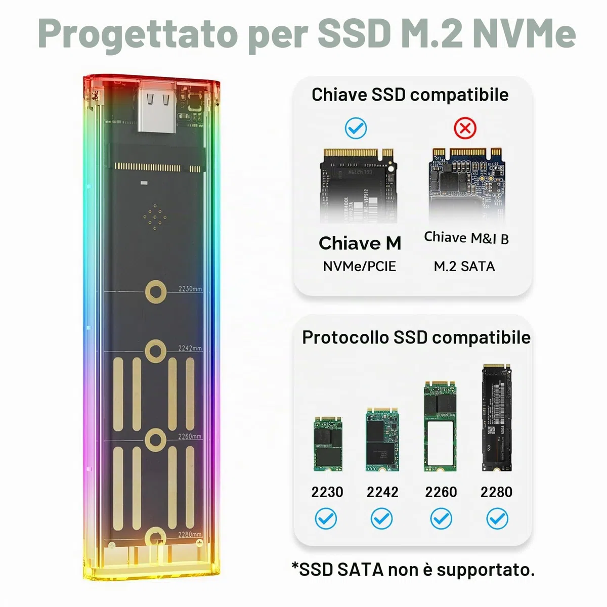 ELUTENG Case SSD M.2 NVMe USB 3.1 10Gbps Adattatore SSD M2 NVMe Senza Attrezzi Esterno Adattatore NVMe per PCIe M-Key SSD 2230/2242/2260/2280 Supporto UASP & Trim con Cavi USB C a C/A (Transaprent)