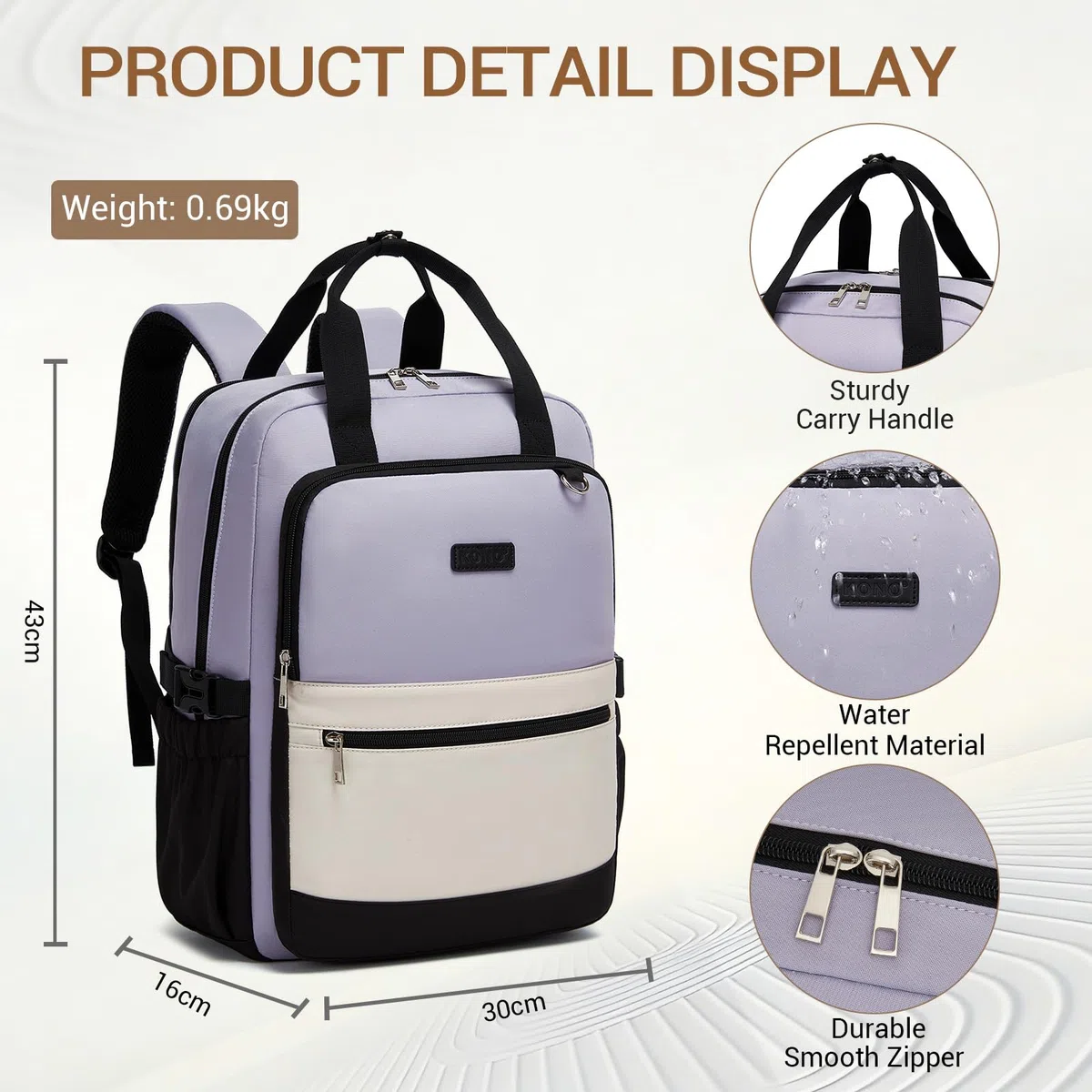 KONO Zaino Donna Porta PC 15,6 Pollici, Impermeabile, Grande Capacità con Tasca Porta Borraccia, Zaino per PC Portatile per Lavoro, Università e Viaggio (Viola/Beige)