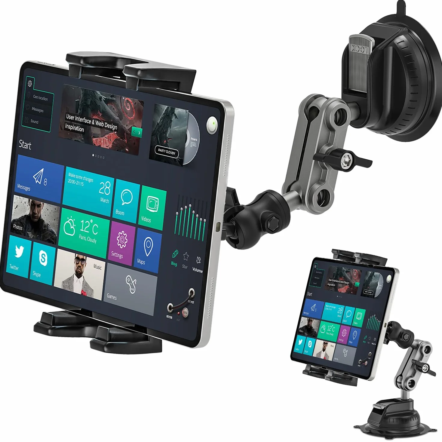 Supporto Tablet Auto, Regolabile a 360° Supporto per iPad Girevole, Stabile e Lavabile, Ventosa in TPU, Per Parete, Auto, Compatibile Con iPad Pro, iPhone, Tablet e telefoni da 4,7-12,9”
