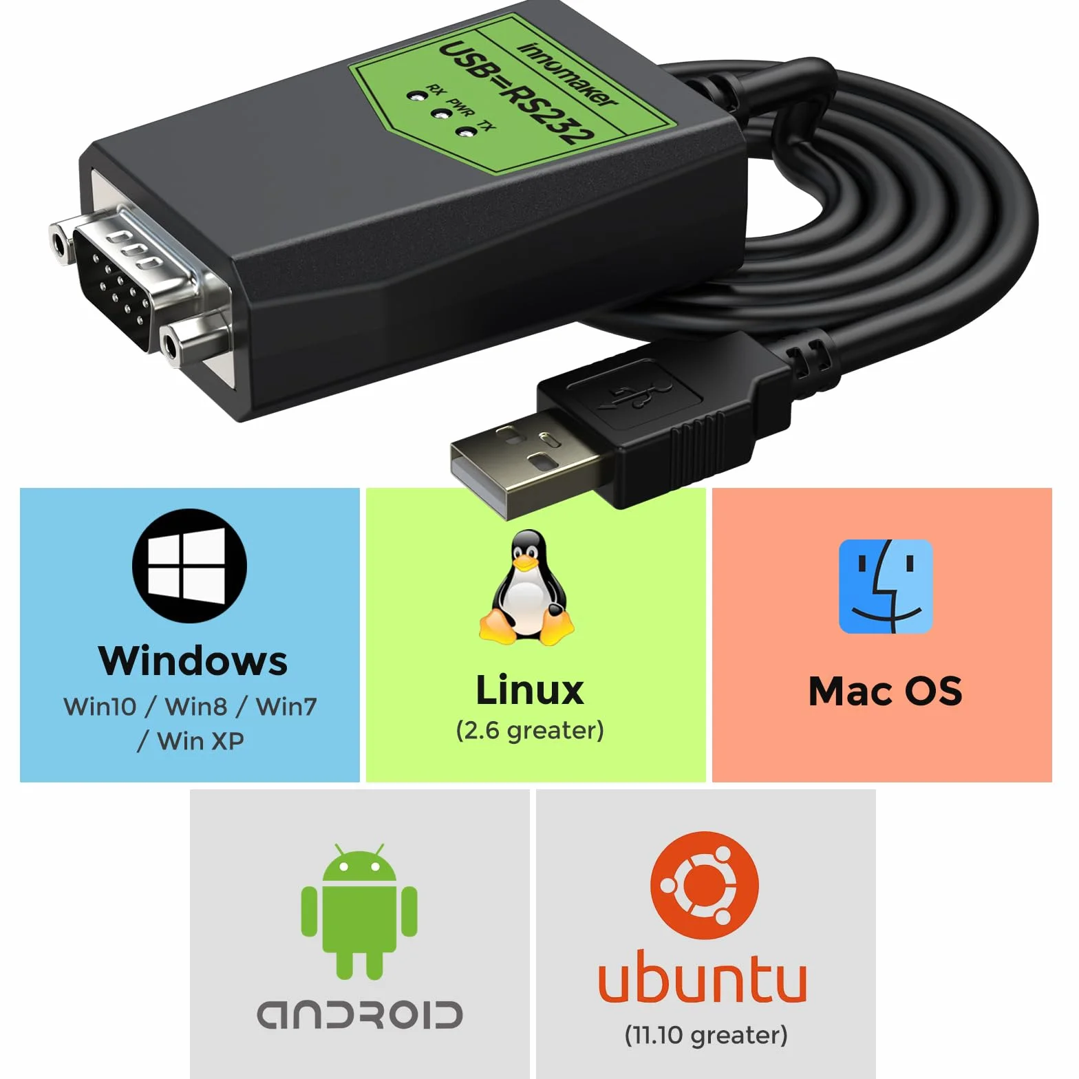 innomaker Adattatore USB a RS232 seriale per uso industriale, USB a DB9 maschio, Chipset FTDI, Protezione ESD, Isolamento segnale/alimentazione, Compatibile con Windows, Mac OS, Android, Linux