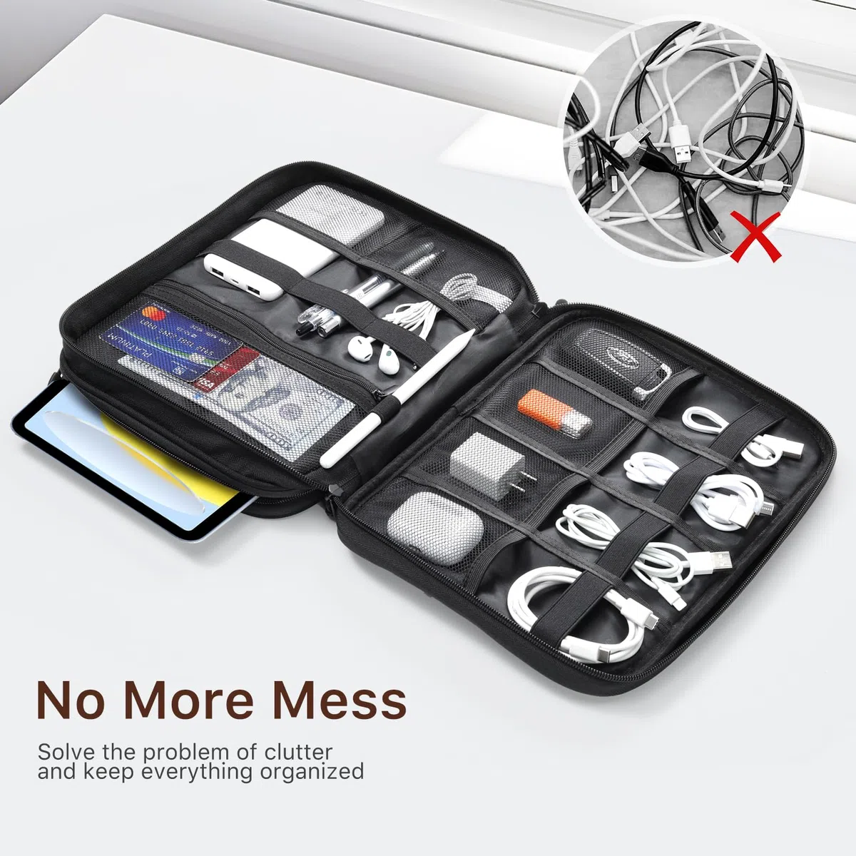 Dadanism Organizer Cavi Borsa da Viaggio Organizzatore Cavi, Organizzatore di Accessori da Viaggio a Doppio Strato per Tablet, Cavi, Phone, Caricatore, Chiavetta USB, Power Bank, Hard Disk, Nero