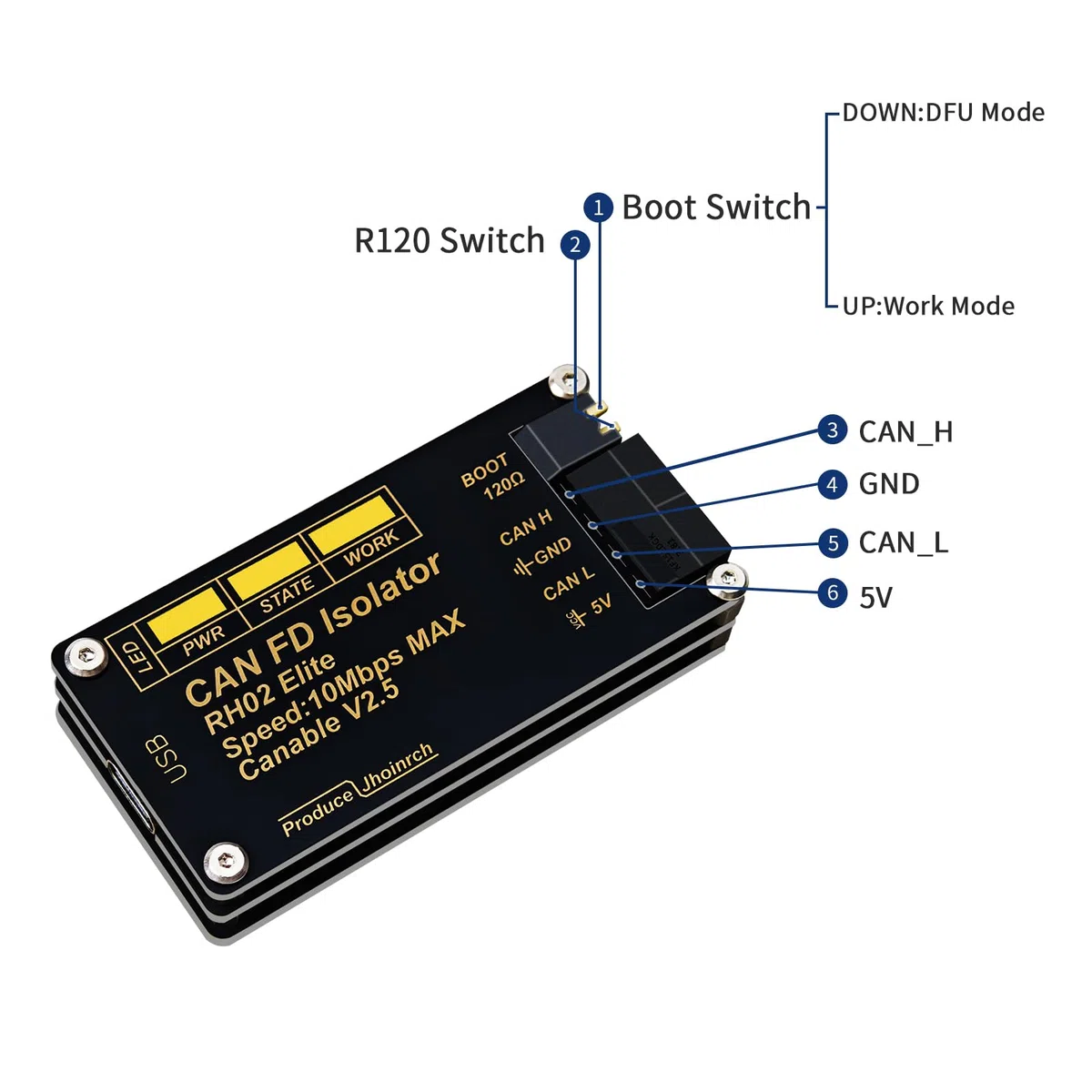 Convertitore adattatore isolato da USB a CAN FD basato su CANable V2.5 supporta fino a 10 Mbps