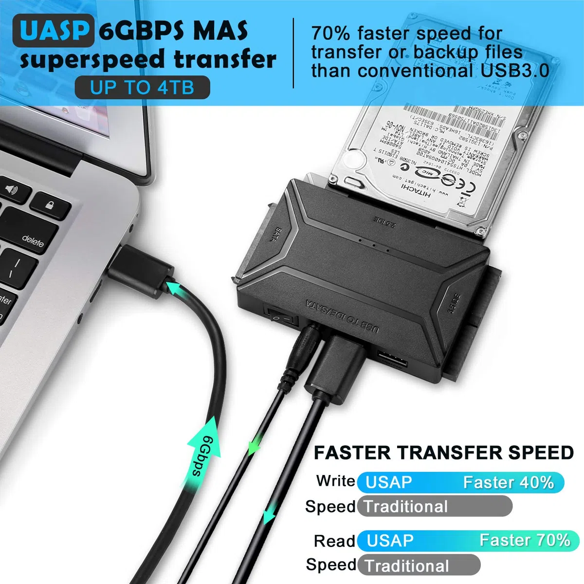 AGPtek USB 3.0 to IDE/SATAConverter, Adattatore Disco Rigido con Power Switch per 2.5"/3.5"SATA /IDE/SSD Disco Rigido, Support4TB, Include 12V 2 Adattatori & Cavo USB 3.0