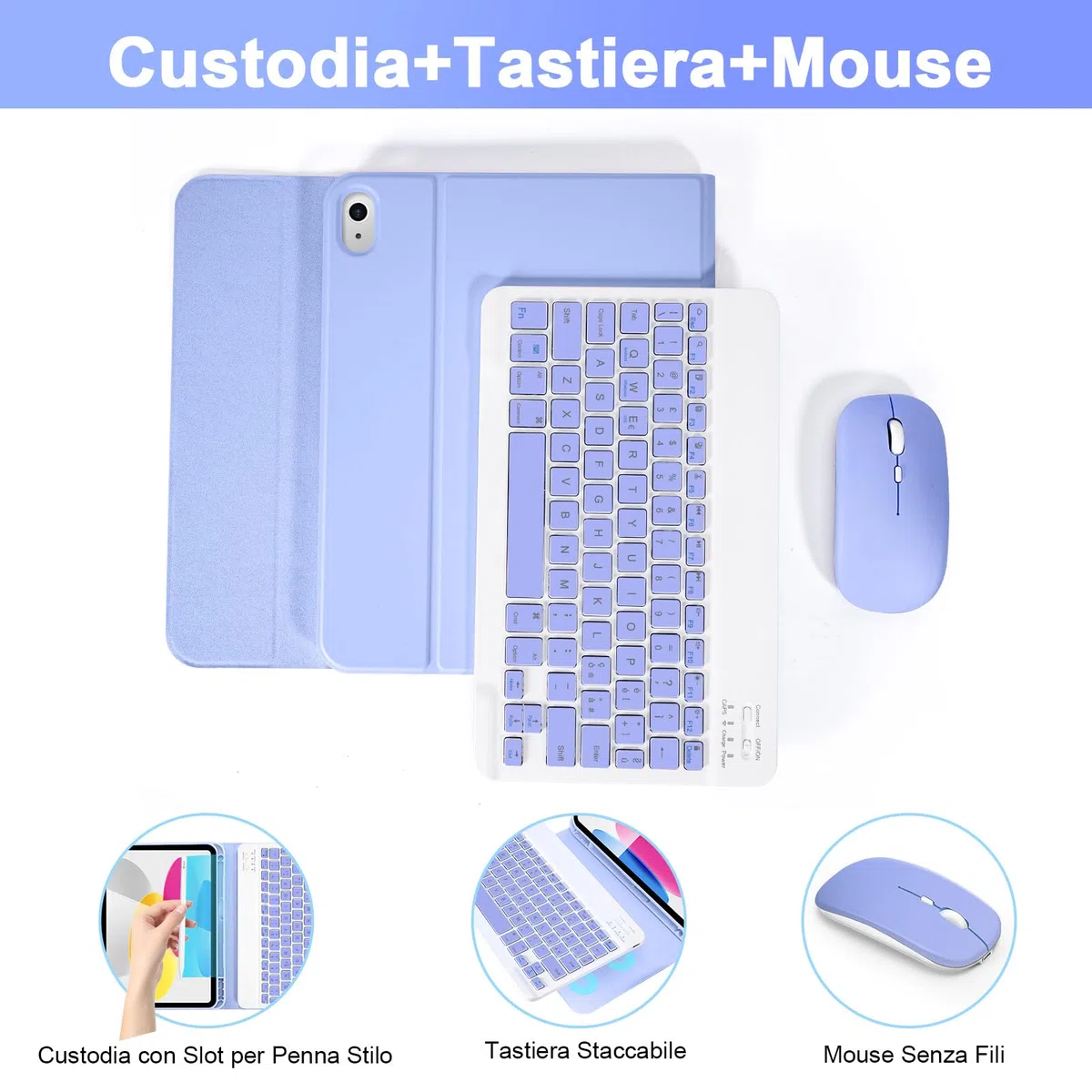 SOPPY Custodia con Tastiera e Mouse per iPad 11a Generazione (A16) 11 Pollici 2025, 10a Gene 10,9 Pollici 2022, cover Protettiva Staccabile, con Slot per Penna Stilo, Layout Italiano - Viola