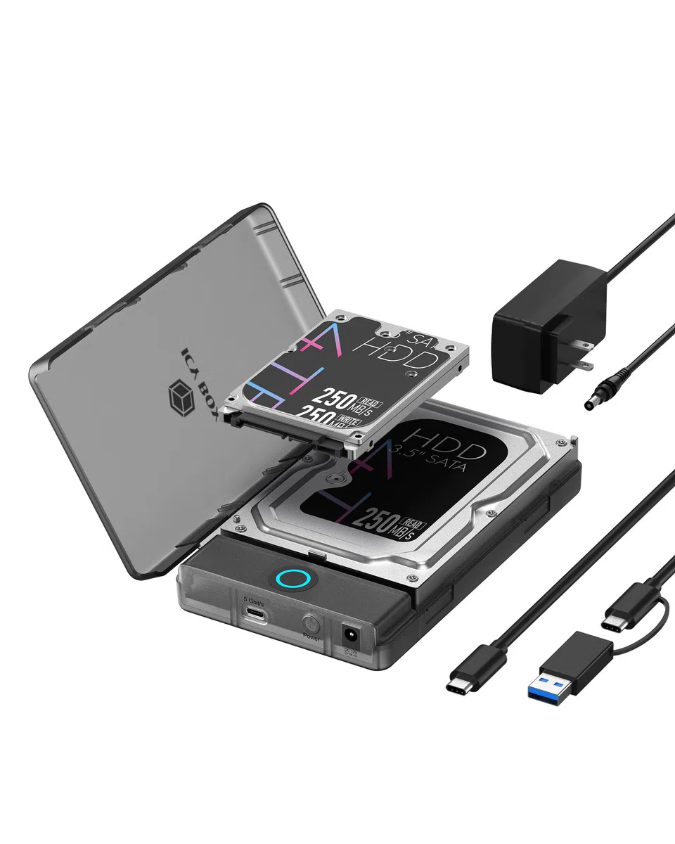 ICY BOX Spade Base 388 (case SATA 2,5"/3,5"), USB 3.2 Gen 1 Type-C, fino a 5 Gbit/s, UASP, Plug & Play, senza attrezzi, LED, fino a 30 TB, IB-388-CU3
