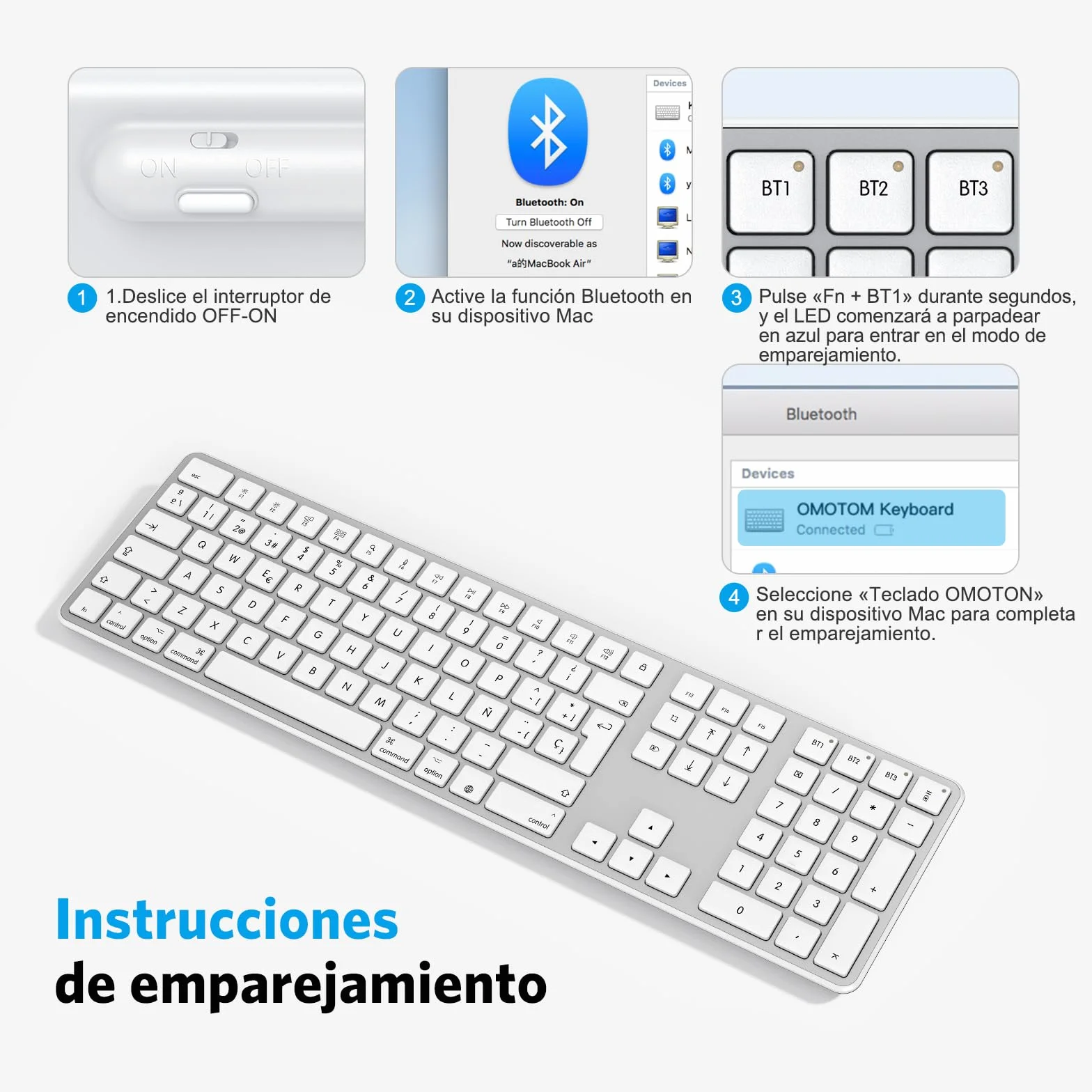 OMOTON Tastiera wireless Bluetooth per Mac, compatibile con MacBook Pro/Air, iMac/Mac Mini/Pro, ricaricabile e con 3 canali Bluetooth, distribuzione spagnola (argento)