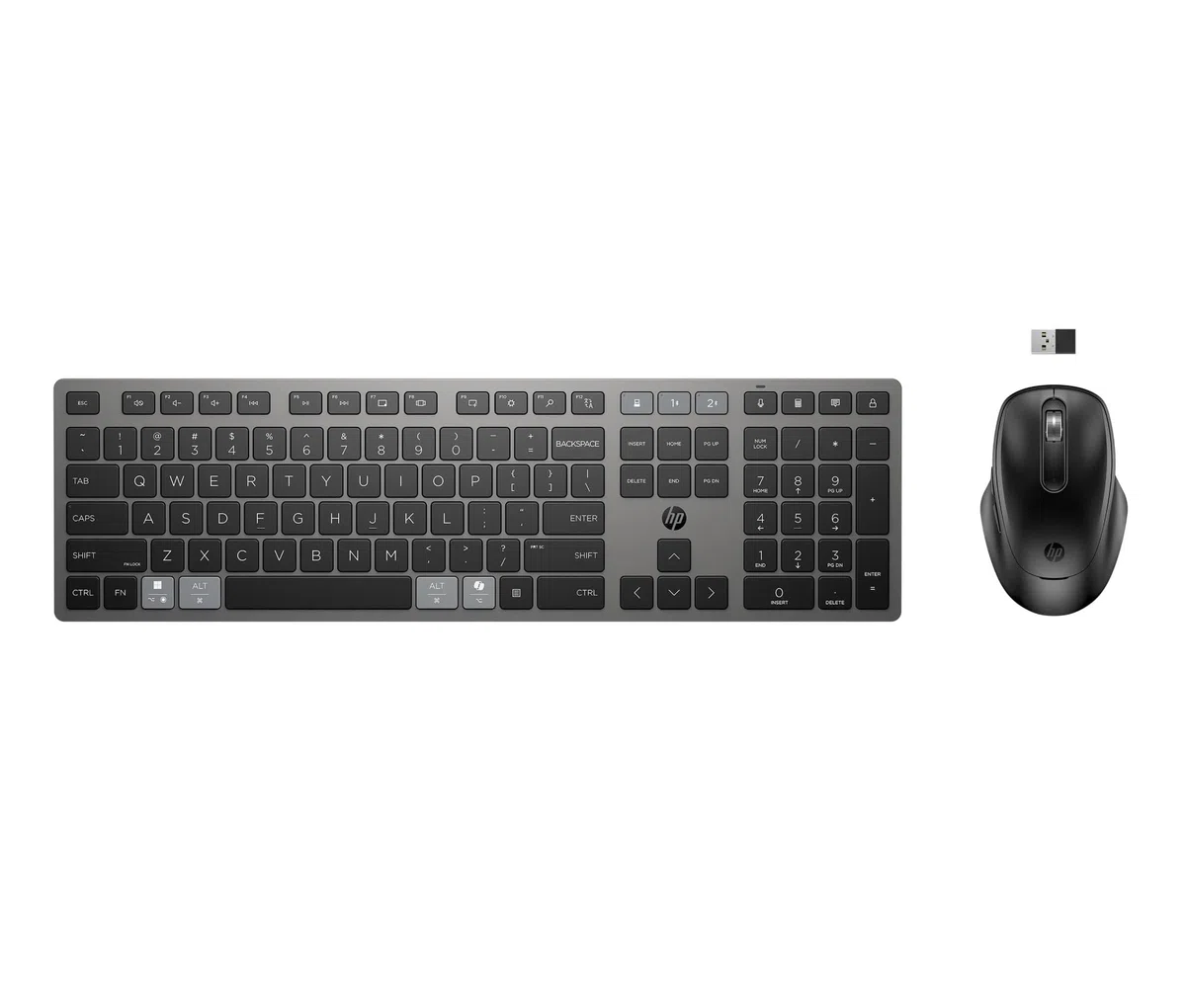 HP 720 Tastiera e Mouse Wireless Ricaricabili, Multi-Device, 22 Tasti Programmabili, Bluetooth, Dongle USB, Ricarica Ultra-Rapida, Certificato Copilot, Compatibile con Windows, macOS, ChromeOS, Grigio