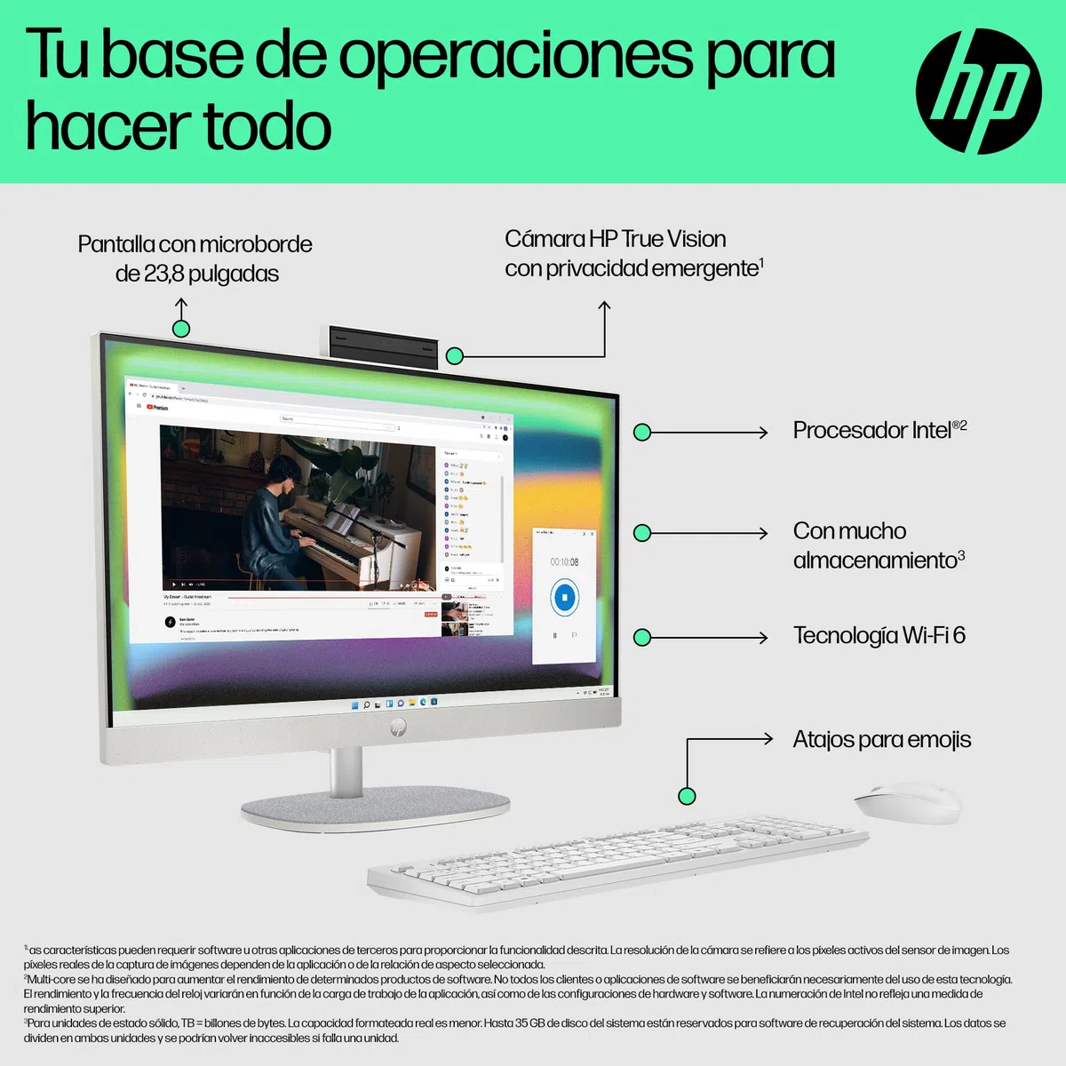 HP All-in-One 24-cr0007ss - Computer desktop da 23,8" FHD (AMD Ryzen 5 7520U, 16 GB RAM, 512 GB SSD, AMD Radeon Graphics, Windows 11 Home) Bianco - Tastiera QWERTY spagnola