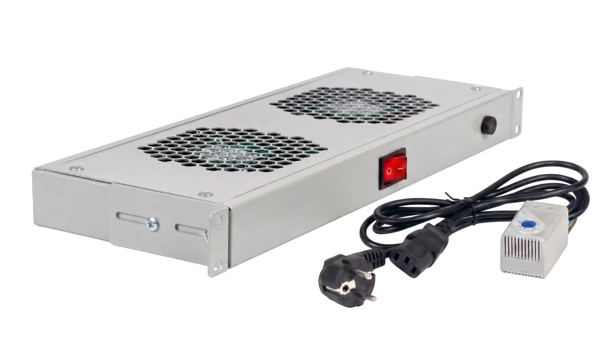 SABAJ M&D Unità di Ventilazione 2 Ventole con Termostato 19" 1U per Armadio Rack e Armadio di Rete – Profondità Regolabile – Cavo 1,8 m Incluso – Grigio RAL 7035