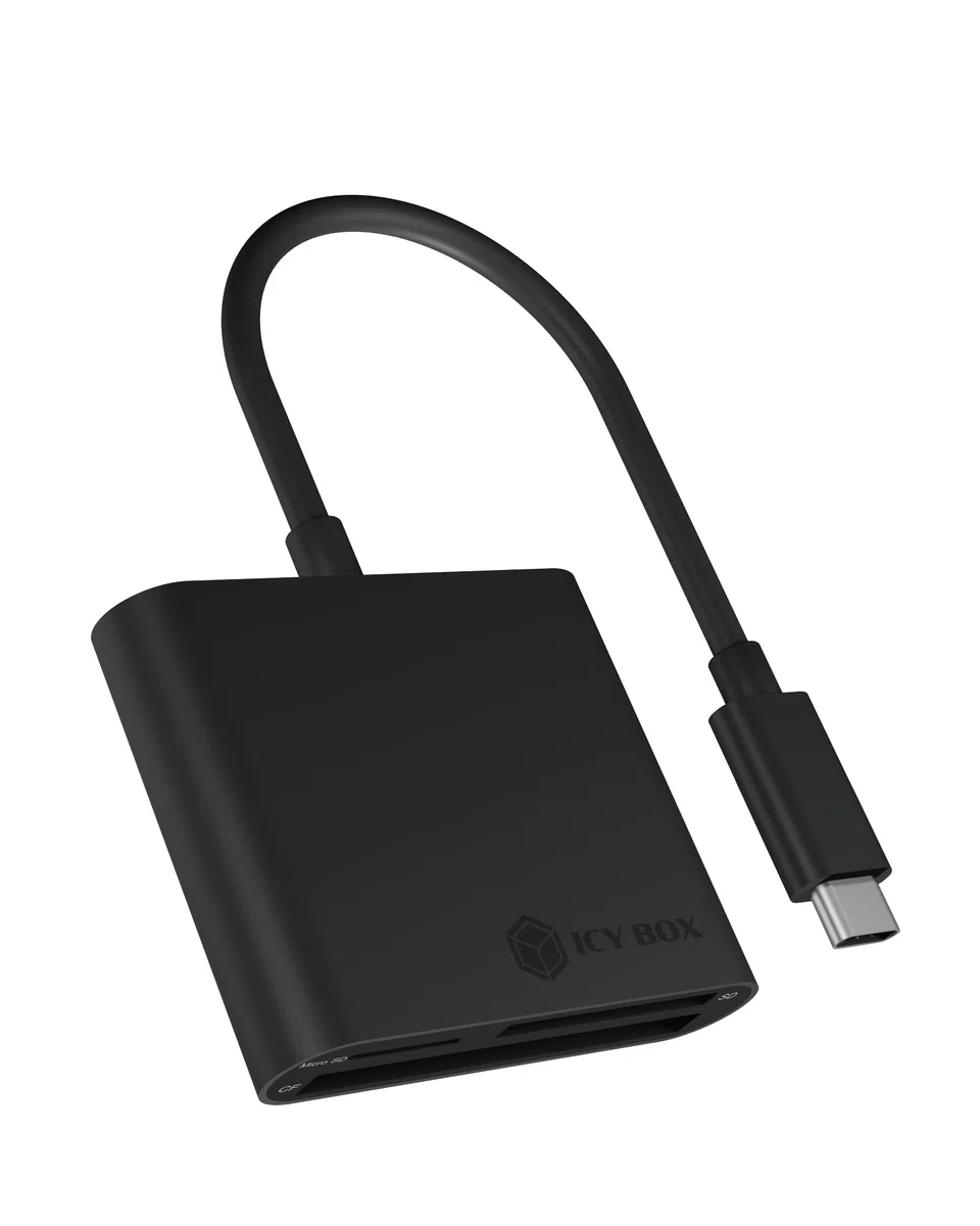 Icy Box Lettore di schede SD con USB-C, USB 3.0 per SD, Micro SD o CF, Cavo Integrato, in Alluminio, Nero