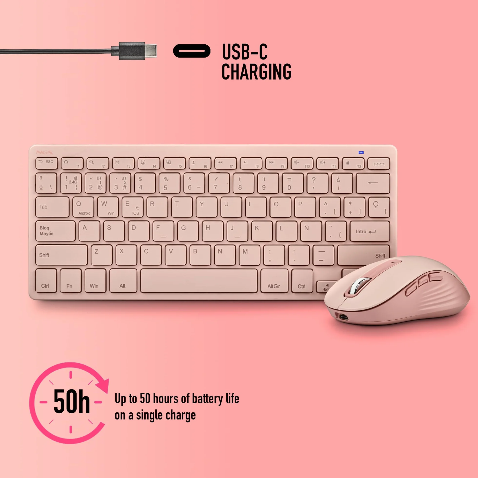 NGS Fantasy Kit Pink – Tastiera e mouse wireless spagnolo QWERTY, silenzioso ricaricabile, multimodalità 2.4 GHz e Bluetooth, 12 tasti multimediali, DPI regolabile, colore rosa