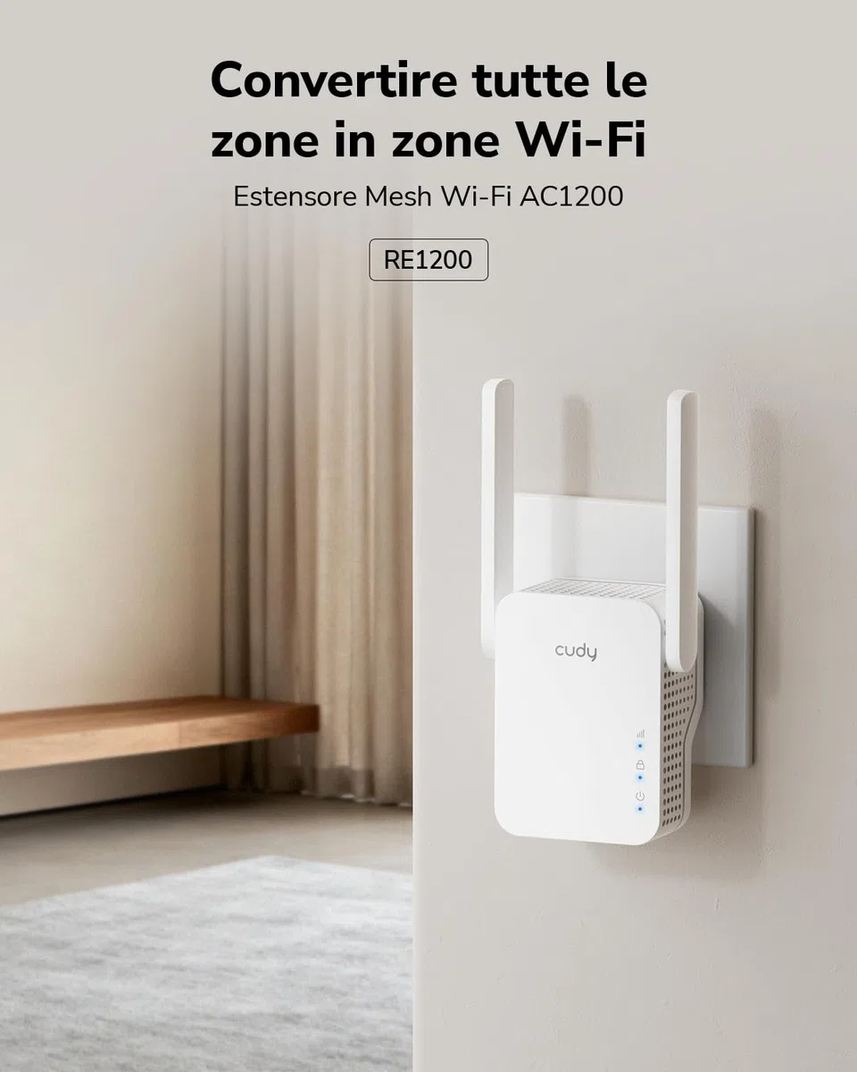 Cudy RE1200 Booster wireless AC1200 Dual Band WiFi Extender, WiFi Range Extender, 300 Mbps su 2,4 GHz, 867 Mbps su 5 GHz, copre fino a 1500 piedi quadrati, collega 30 dispositivi, modalità AP, WPS