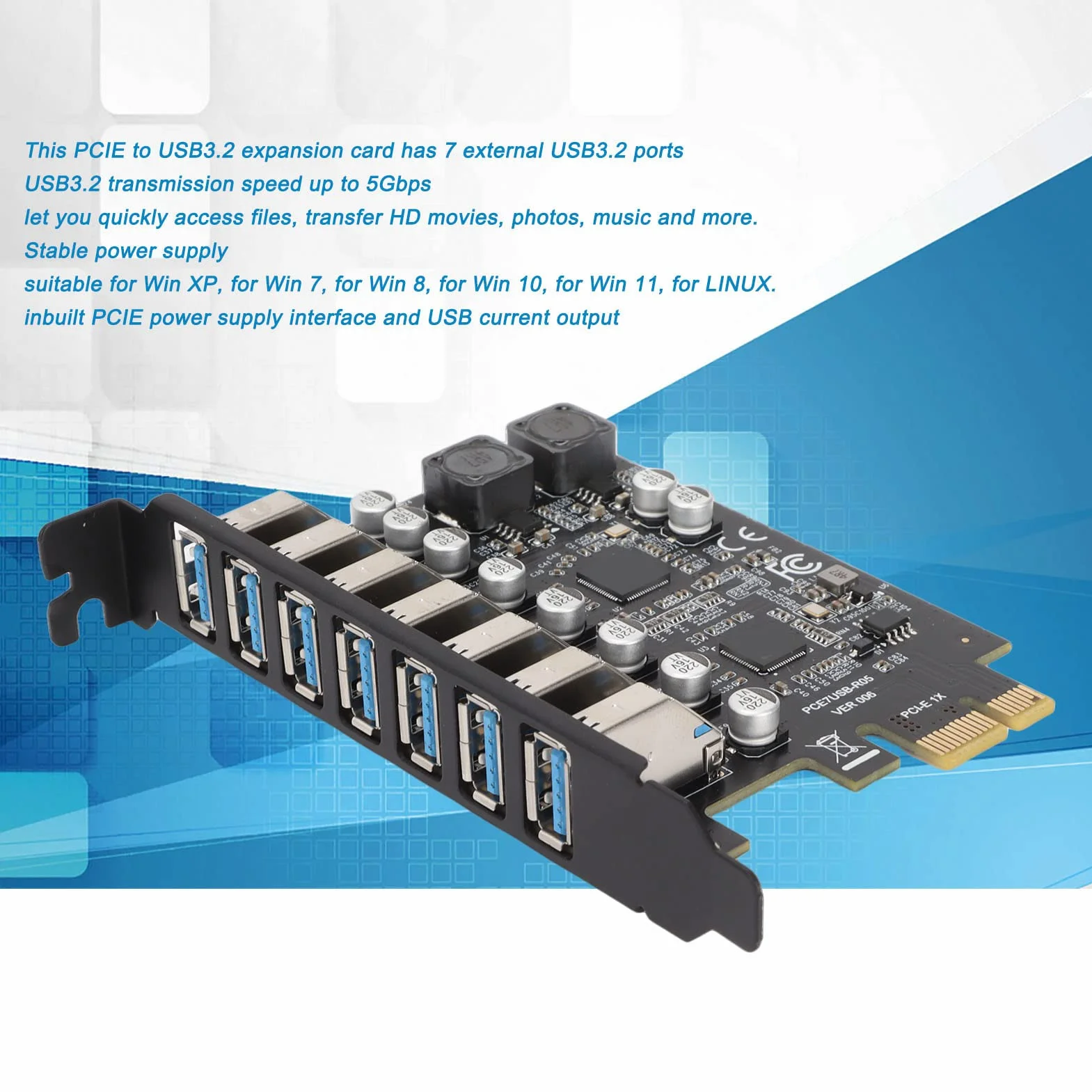 HUB da PCI-E a USB 3.2 a 7 Porte, Scheda di Espansione PCIE, Scheda Adattatore Extender PCI Express per Controller Esterno da 5 Gbps per Desktop XP, 7, 8, 10,11