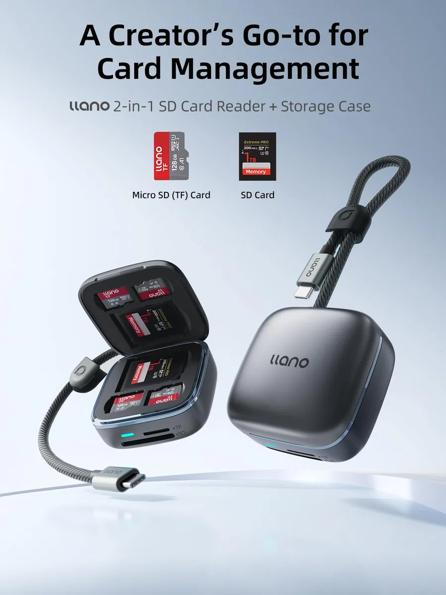 llano Adattatore lettore di schede SD e Micro SD, TF 3.0 con custodia per 6 schede, Plug&Play, F18 lettore di schede intelligente 2-in-1 USB C 3.0 per Mac, Windows, Android, Linux – Nero