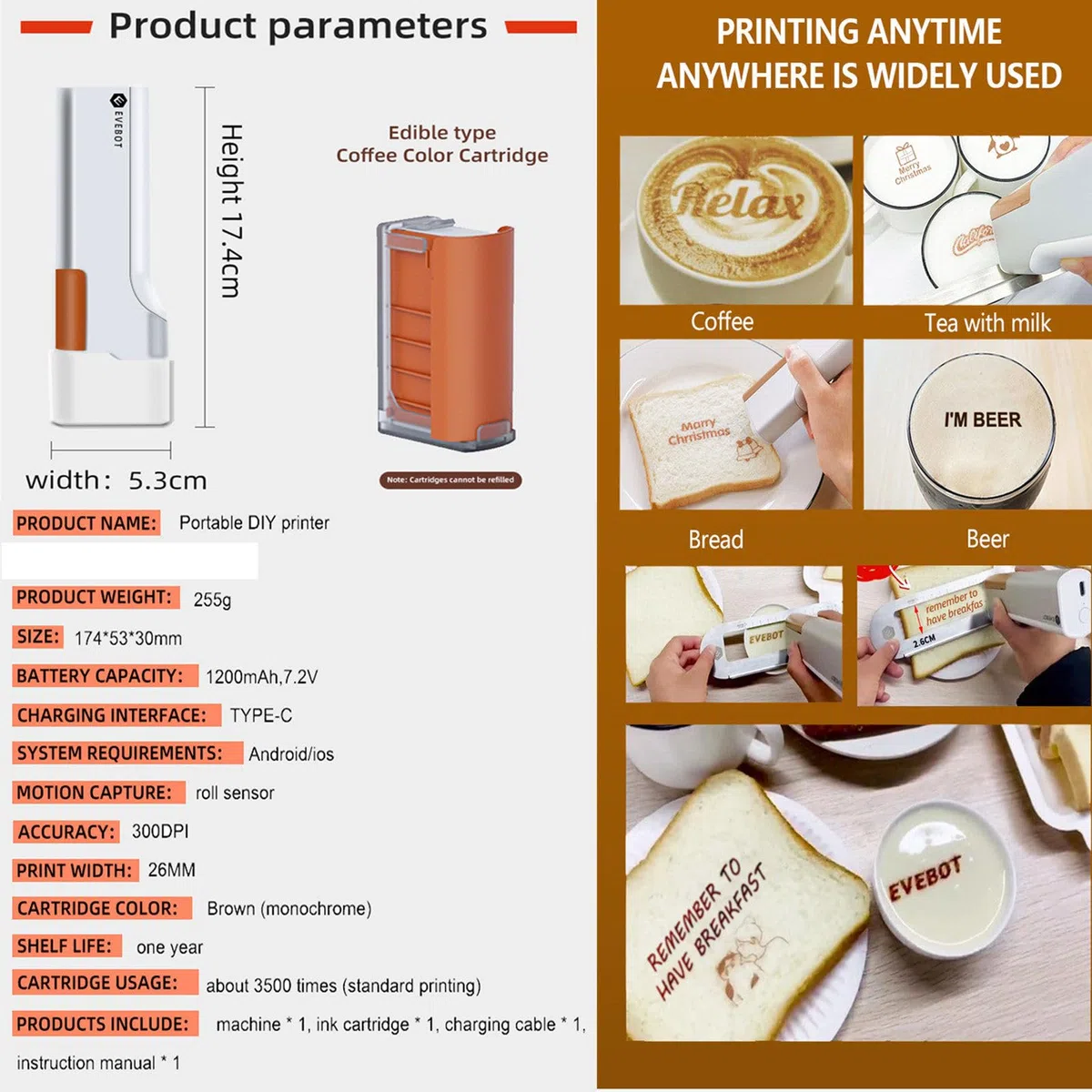 Penna per Stampante Mini Stampante per Alimenti Penna a Getto d'inchiostro Portatile Stampa 1200mAh Mini Stampante Portatile Inchiostro per Stampa Alimentare