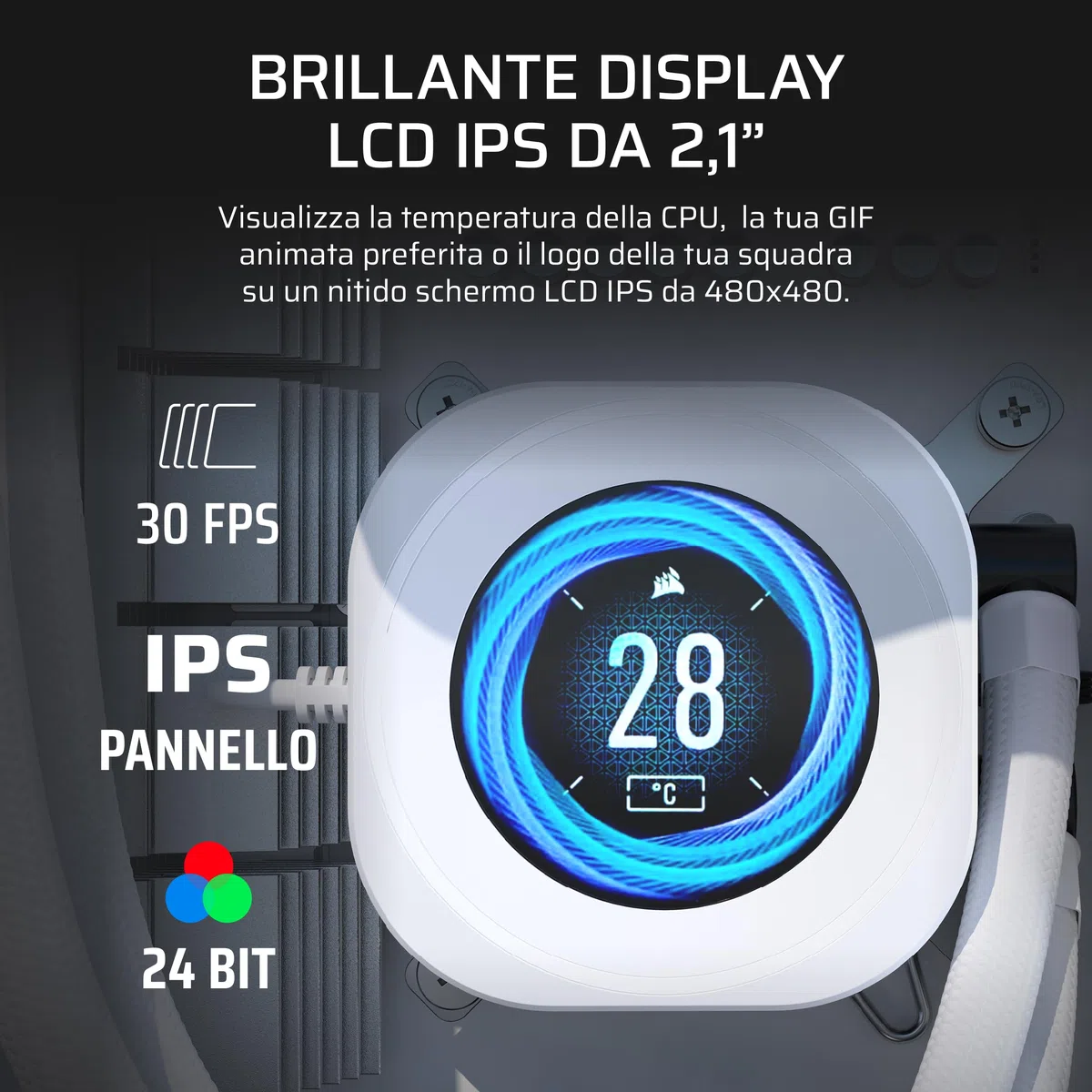 CORSAIR NAUTILUS RS Modulo LCD – Per dissipatori CPU AIO NAUTILUS RS e NAUTILUS RS ARGB – Schermo LCD IPS da 2,1", facile installazione senza attrezzi – Bianco
