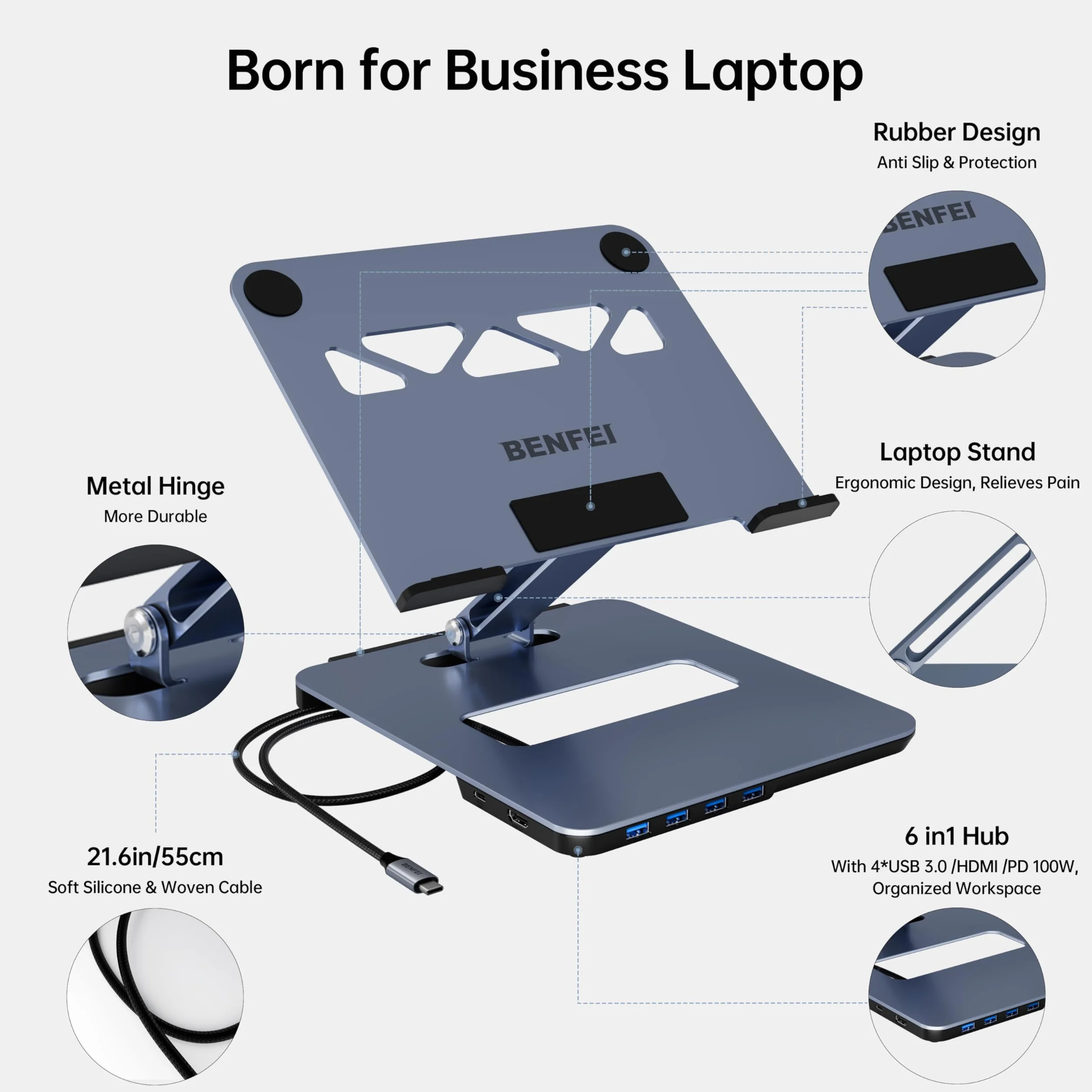 BENFEI Supporto per laptop in alluminio con docking station USB C 6 in 1, HDMI 4K a 60 Hz, 4*USB3.0, 100 PD compatibile con MacBook Pro/Air iPad Pro XPS Thinkpad
