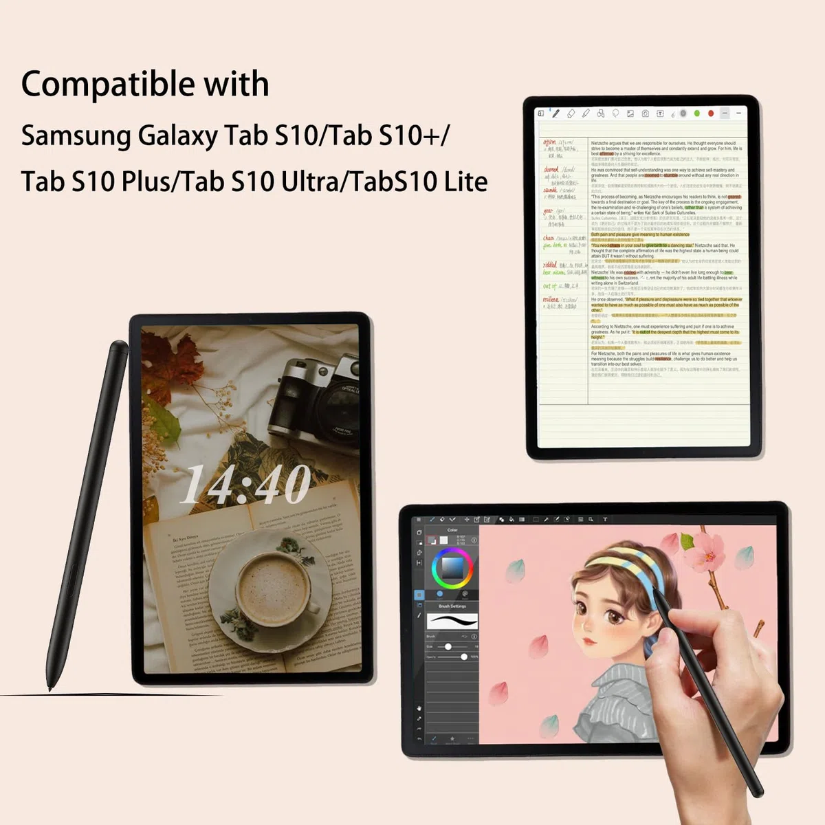 Galaxy Tab S10 S Pen Ricambio (NoBluetooth) per Samsung Galaxy Tab S10/Tab S10+/Tab S10 Plus/Tab S10 Ultra/Tab S10 Lite Stylus Pen con punta / pennino gratuito, nero