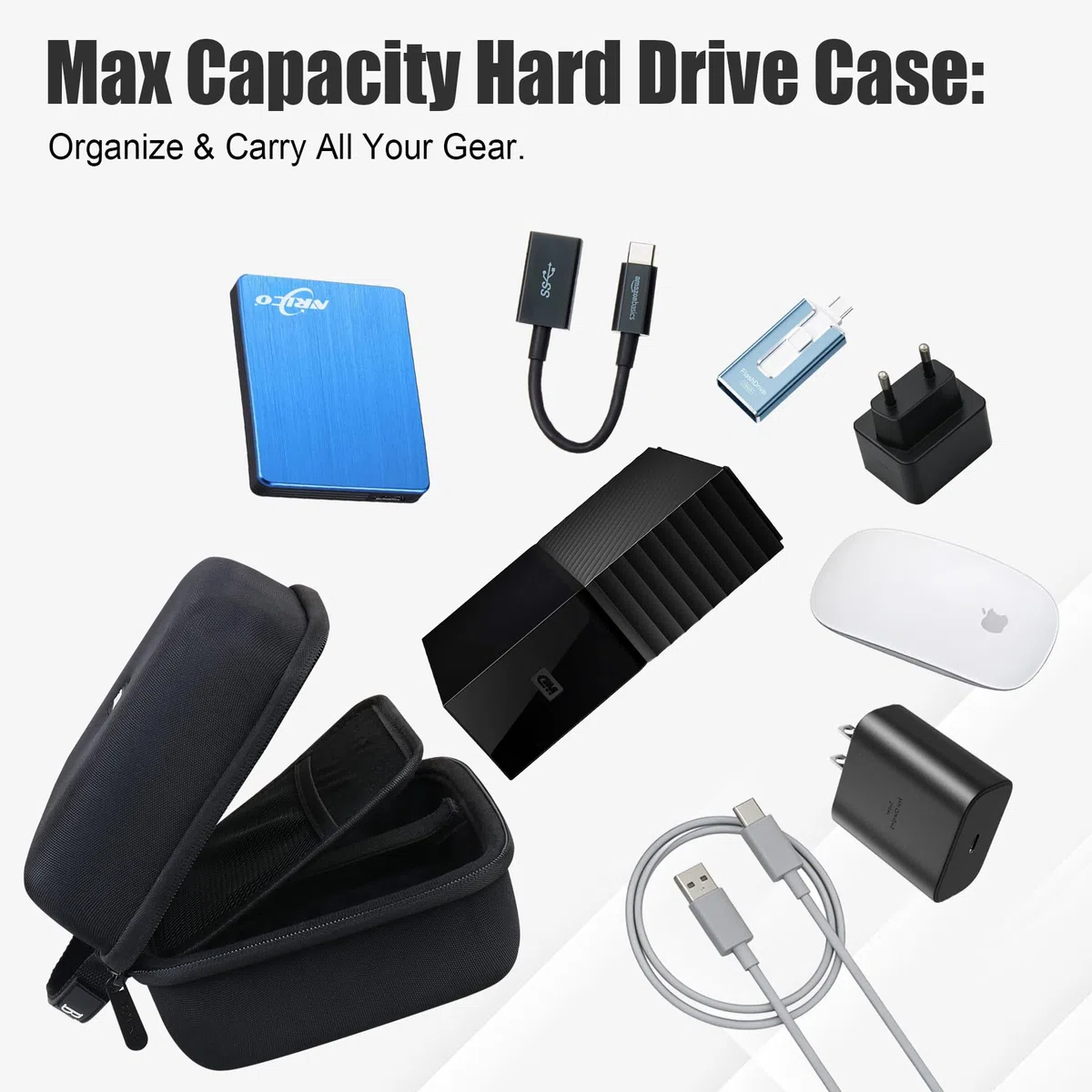 BOVKE Custodia per Seagate Expansion WD Elements My Book Hard Disk Esterno Desktop HDD 6TB 8TB 10TB 12TB 14TB 16TB 18TB 22TB 24TB 26TB 28TB, Custodia da Trasporto HDD Desktop Portatile, Nero+Nero