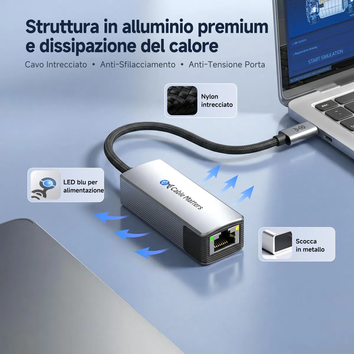 Cable Matters Adattatore USB-C a Ethernet 10Gb in alluminio | E USB4 / Thunderbolt 5 a RJ45, Silenzioso e fresco, Reale Geschwindigkeit: Circa Windows / circa macOS