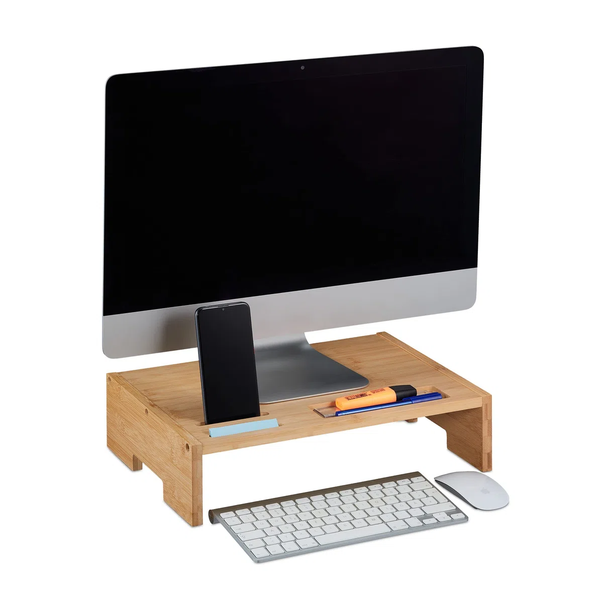 Relaxdays Supporto per Monitor, Rialzo per Schermo con 3 Scomparti, Stand per PC, HxLxP: 10,5x41x28 cm, Marrone Naturale