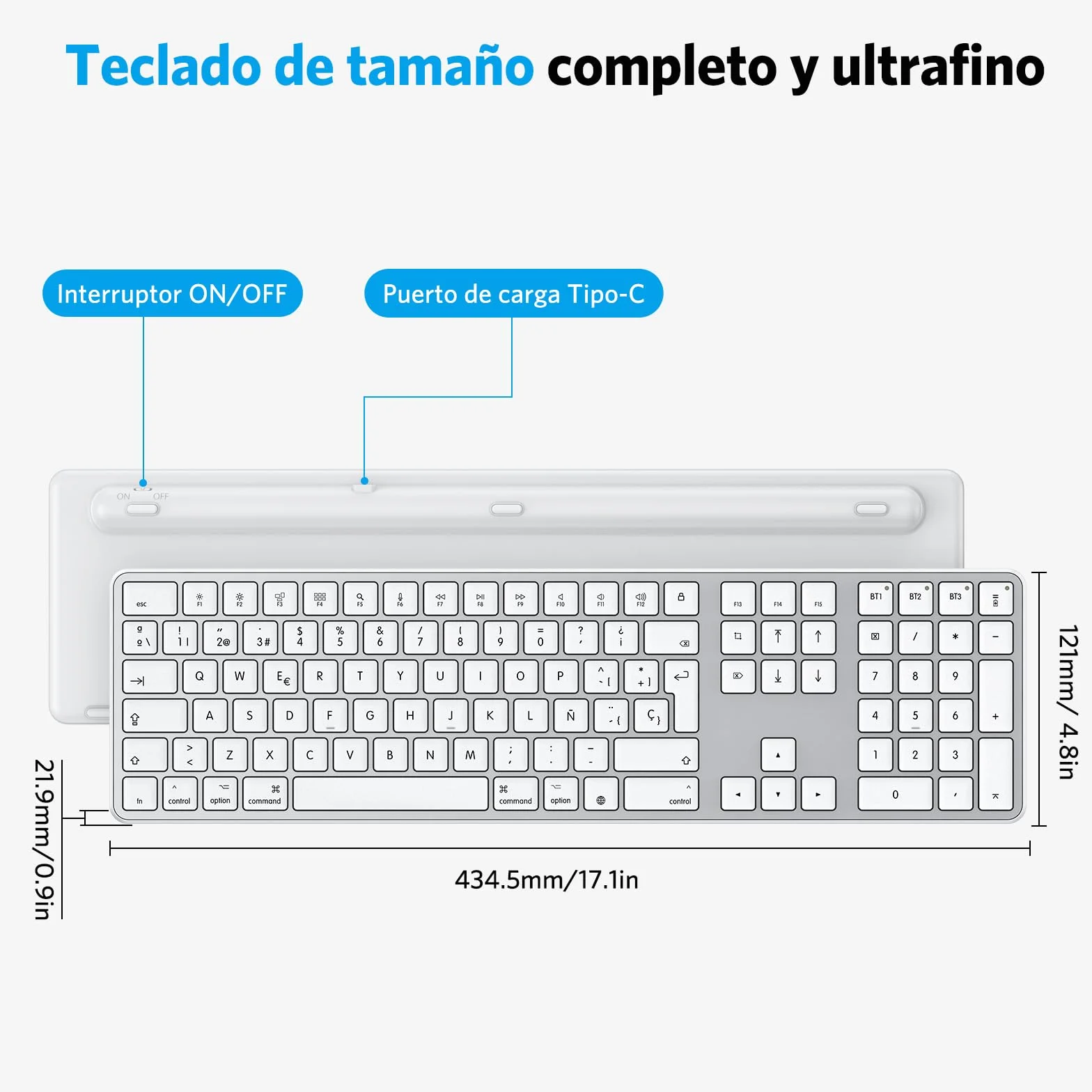 OMOTON Tastiera wireless Bluetooth per Mac, compatibile con MacBook Pro/Air, iMac/Mac Mini/Pro, ricaricabile e con 3 canali Bluetooth, distribuzione spagnola (argento)