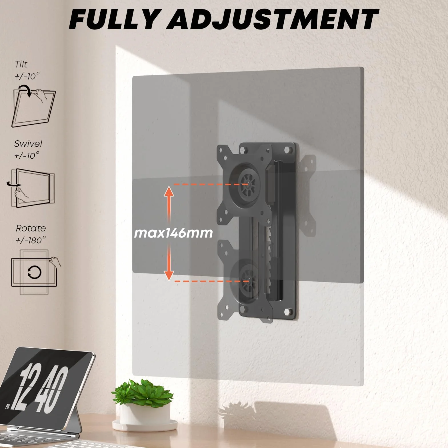Regolabile in Altezza Supporto Monitor muro Parete da 13-35 Pollici,Supporto per Monitor Capacità di Inclinazione e Rotazione,VESA 75x75/100x100mm Capacità di Carico 10kg