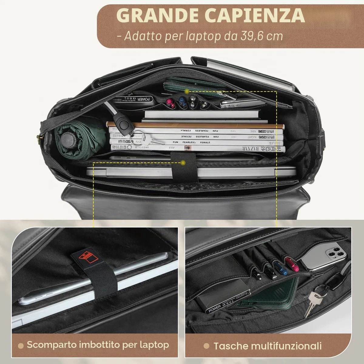 RAINSMORE Borsa Porta PC 15.6 Pollici Lavoro Uomo Ufficio in Pelle PU a Tracolla Documenti Computer Portatile Impermeabile