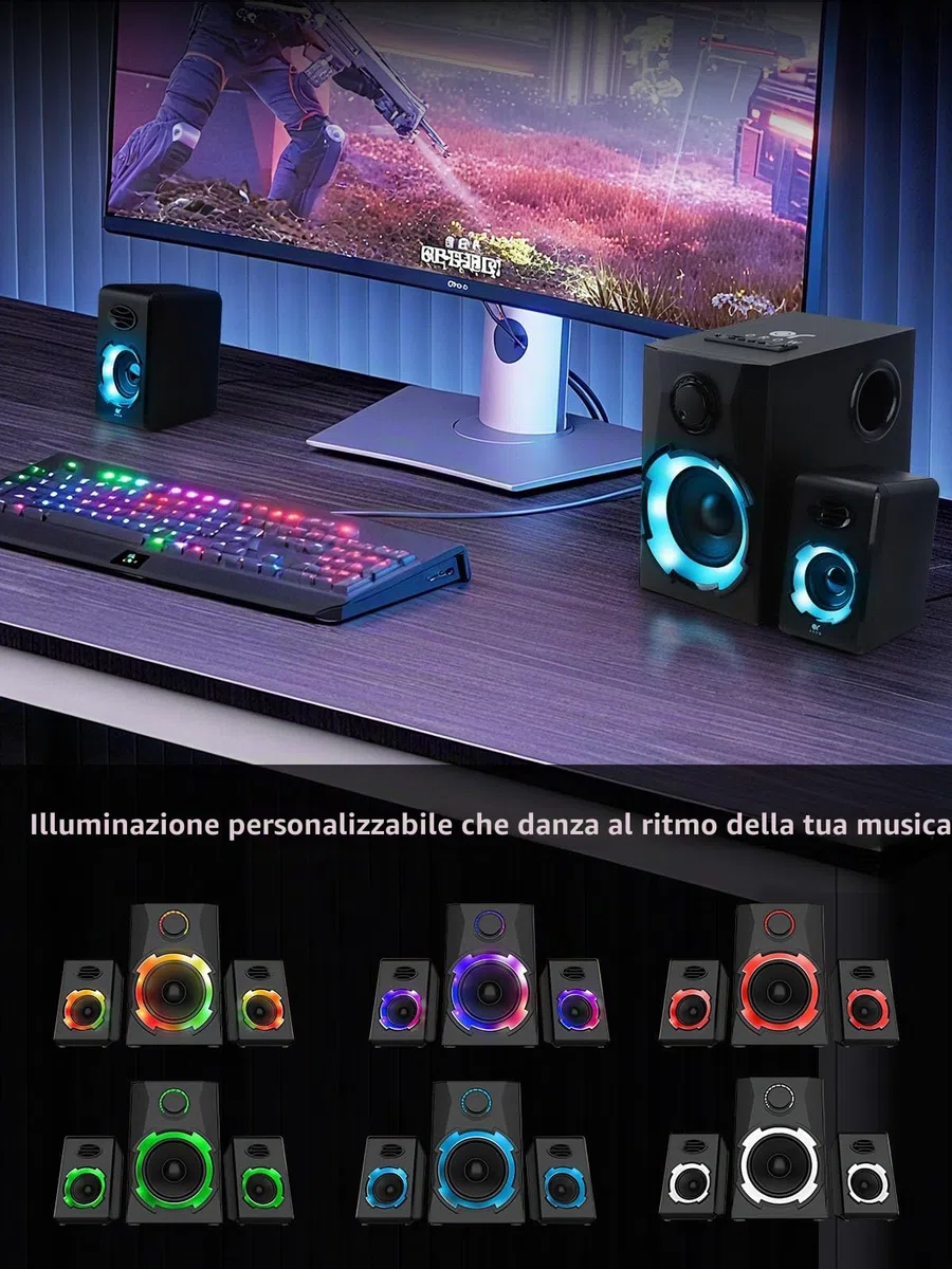 OR O R O W OROW Altoparlanti per computer, 40W AC,Casse PC Con Subwoofer,Luci LED Sincronizzate con Musica,Supporto Bluetooth/USB/TF/3.5mm, Altoparlanti per PC/Desktop/Monitor/Portatile/TV/Tel