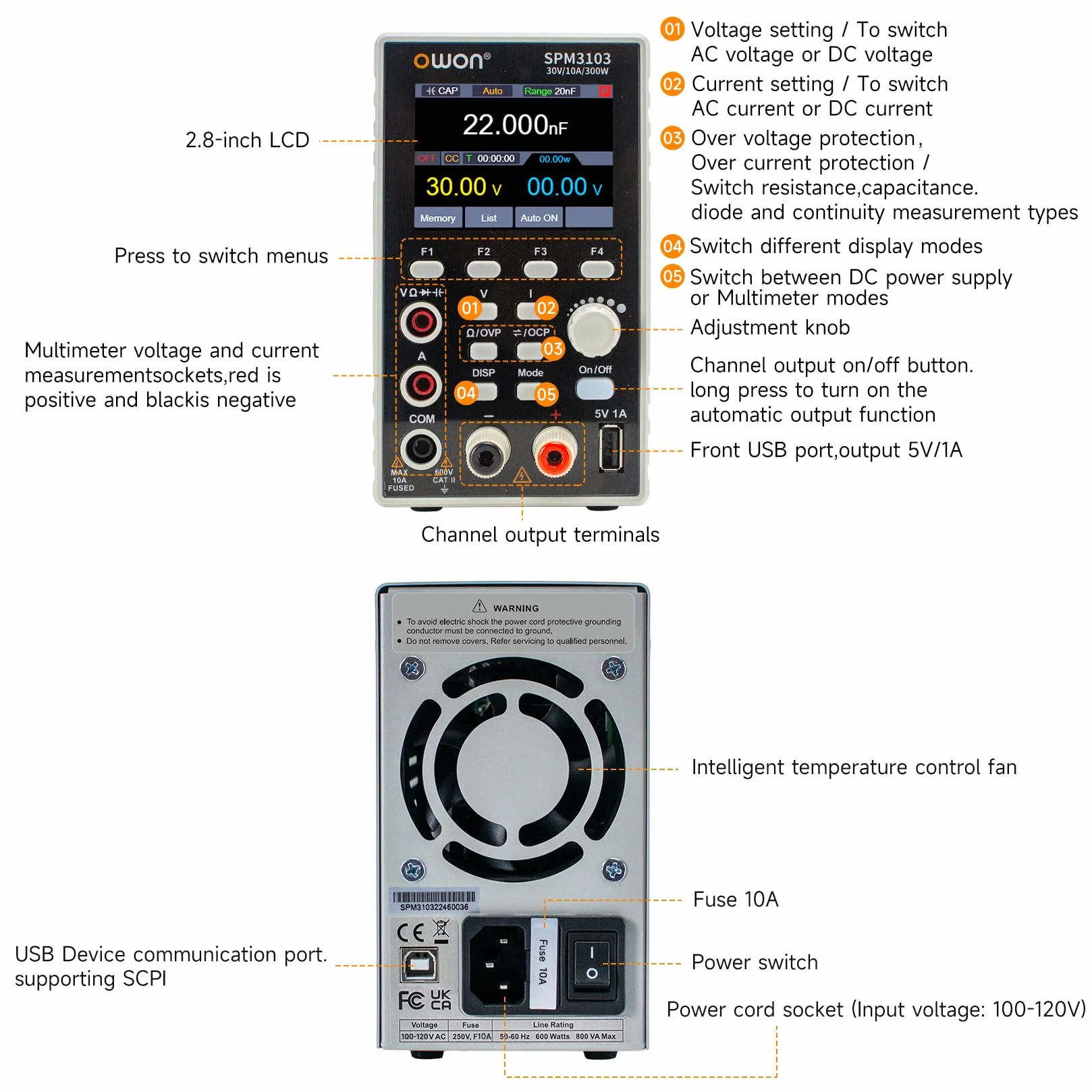 OWON SPM3103 Alimentatore da Laboratorio +Multimetro 2 in 1 (0-30V, 0-10A), Alimentatore CC Variabile, Fuente de Alimentación de Laboratorio con LED da 2,8 Pollici ad Alta Precisione, Interfaccia USB