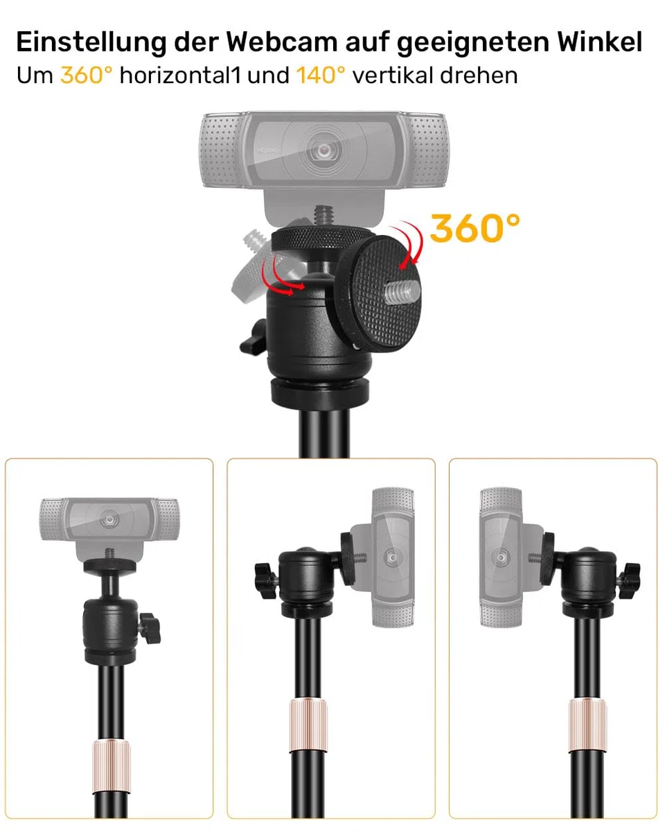 Supporto per Webcam - Sfera Regolabile in Altezza e Ruotabile 360° - Compatibile con Logitech C922, C930e, C920S, C920, C615, C960, NexiGo N60, Webcam Tripod Stand