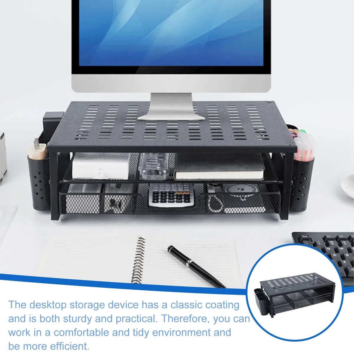 Supporto per monitor, organizer da scrivania con cassetto e 2 portapenne, rialzo monitor, altezza dello schermo 48,5 x 25 x 15 cm, con passacavo per laptop, computer, notebook, PC (nero)