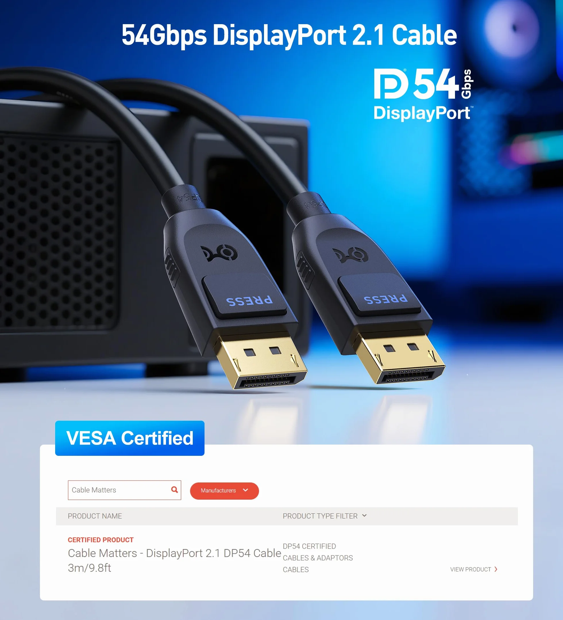 Cable Matters Cavo VESA certificato 54Gbps DisplayPort 2.1 3m, cavo DP54 con 8K 165Hz, 4K 500Hz in nero con FreeSync, G-SYNC e HDR per monitor da gioco, PC, RTX 4080/4090, RX 7900