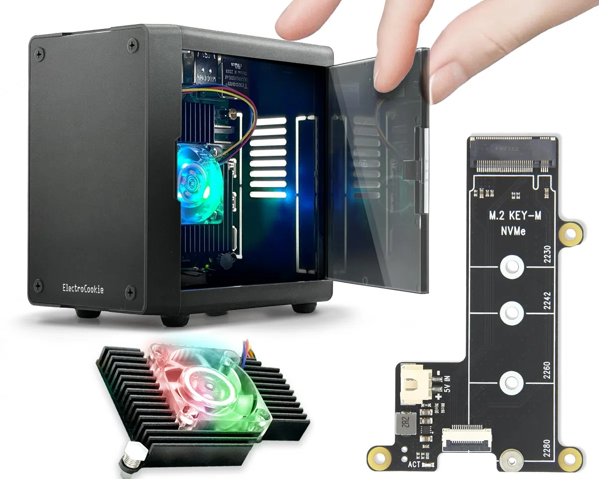 Custodia Mini PC ElectroCookie per Raspberry Pi 5 con SSD M.2 NVMe PCIe HAT e Illuminazione RGB Attiva (Custodia Nera + HAT M.2[X1001])