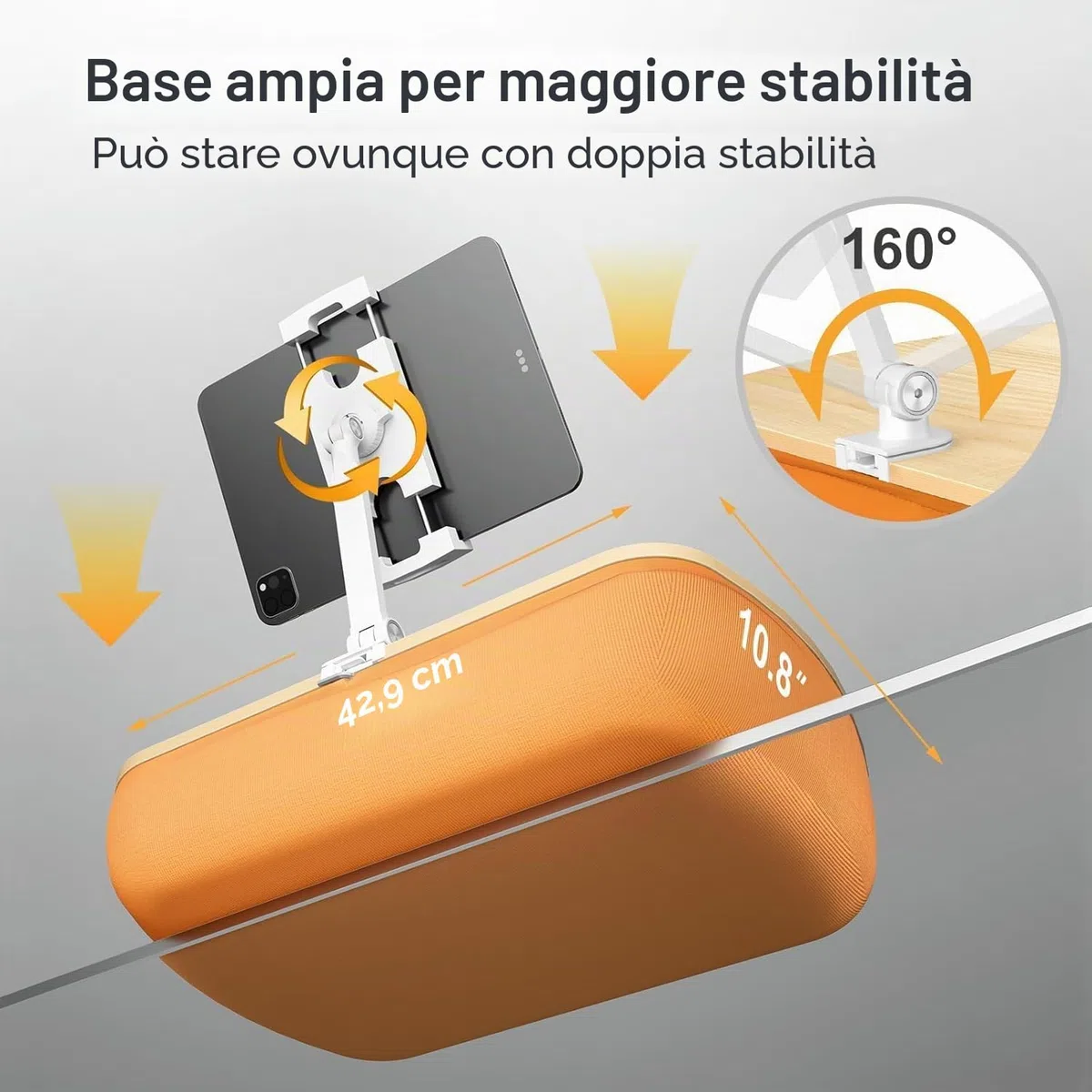 Supporto Cuscino Tablet, Porta Tablet con braccio regolabile, compatibile con iPad, Kindle, Cellulare (4,7-13"), scrivania per la lettura a mani libere a letto, sul divano (Arancione)