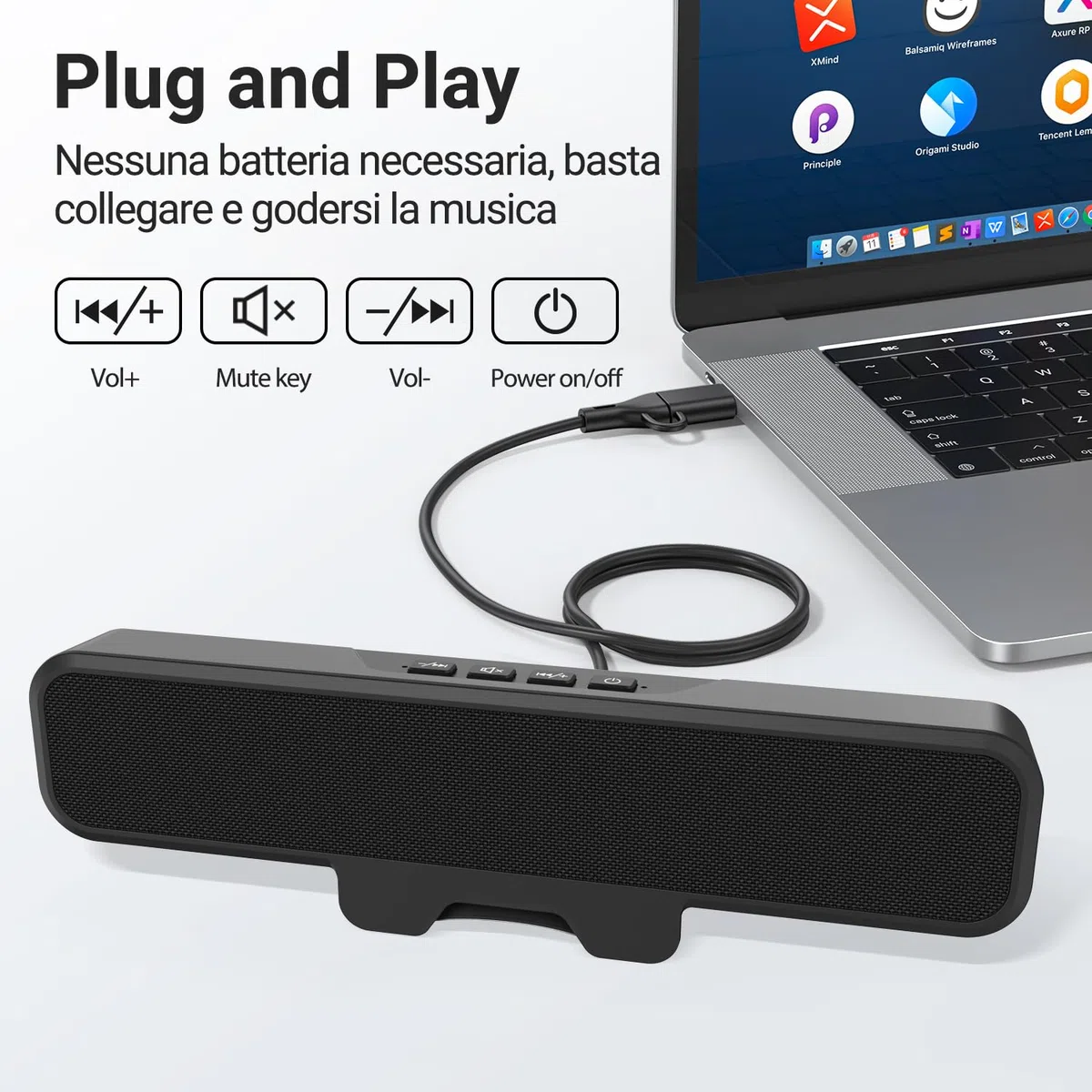 Inwa Cassa PC 10W, Altoparlante USB con clip, Audio stereo HD, Clip per monitor 0.1-1.1’, USB A/C per PC, Laptop, Desktop, Plug and Play (Nero, Tessuto acustico)