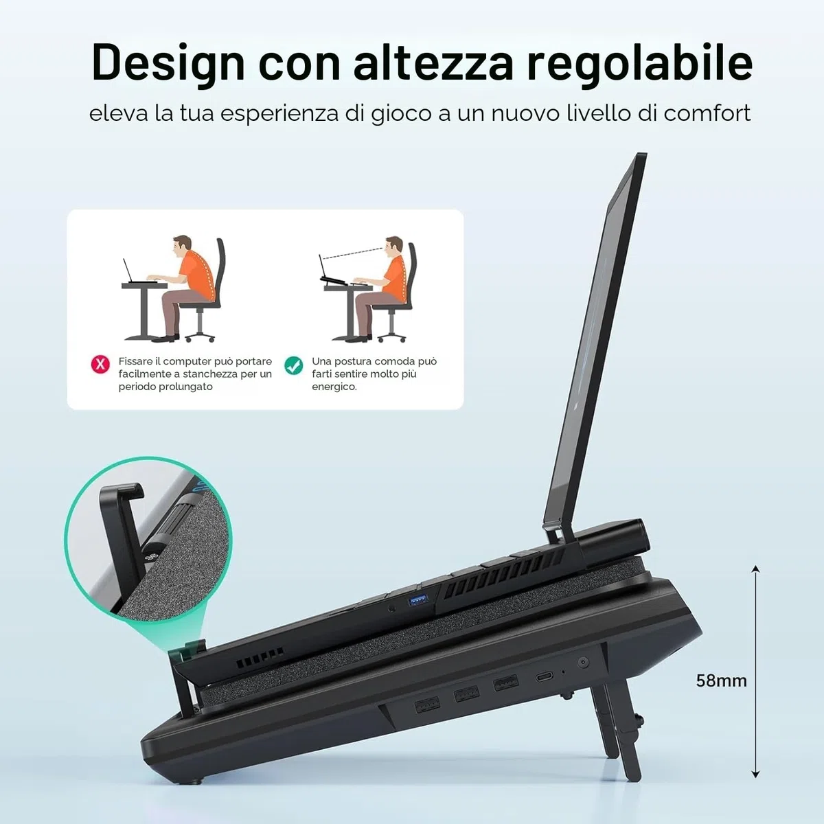 llano Base raffreddamento PC portatile Gaming con Controllo Tatto Continuo & Tappetino per Mouse, 3 Porte USB A, Ventilatore Turbo Extra Potente, Schiuma Sigillante per Notebook da 15-19'' (Senza RGB)