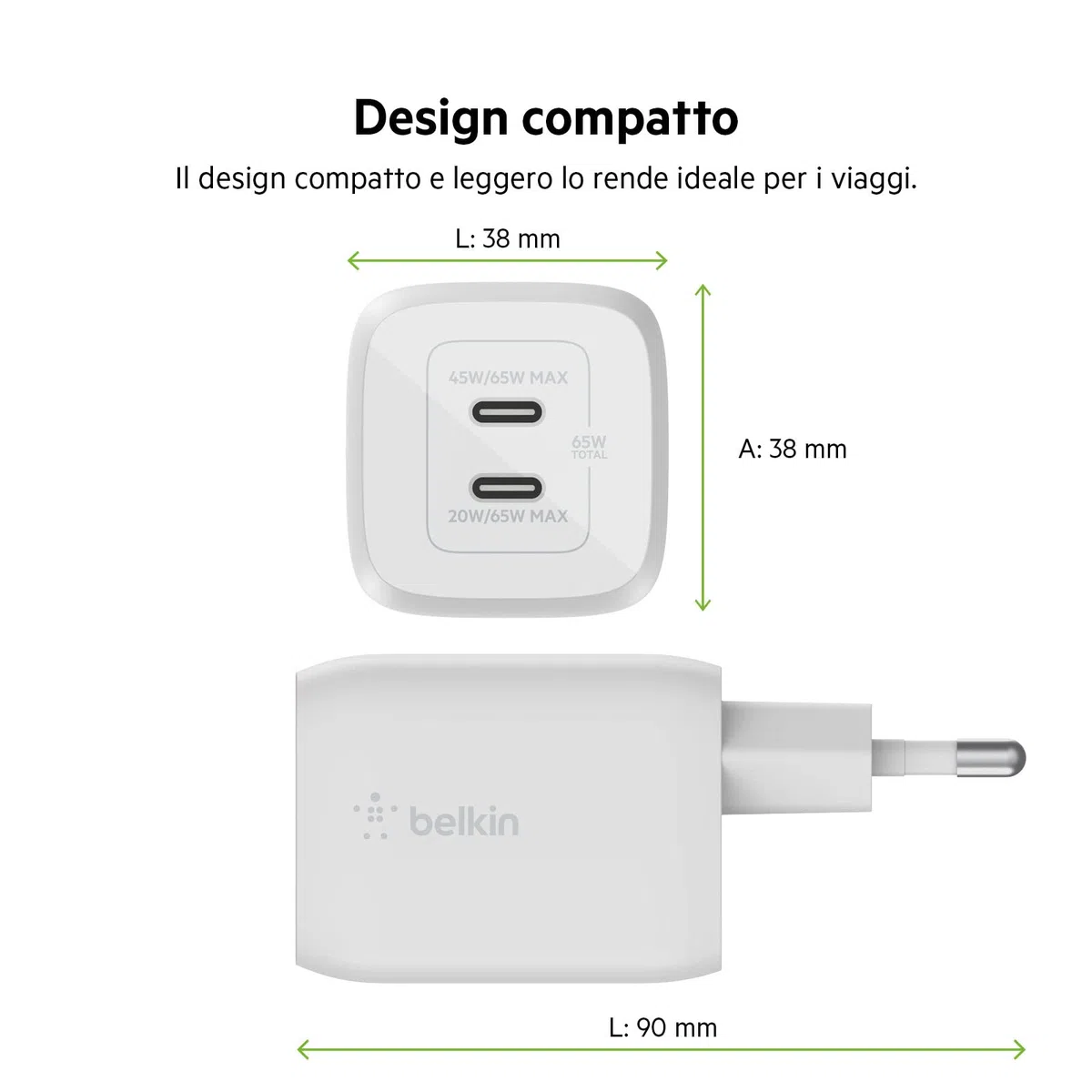 Belkin Doppio caricabatteria da parete USB-C da 65 W, ricarica rapida PD 3.0, caricatore USB C con tecnologia GaN per iPhone 16, 15, 14, 13, 12, Pro, Pro Max, iPad, MacBook, Galaxy S24, S23, S22, Tab