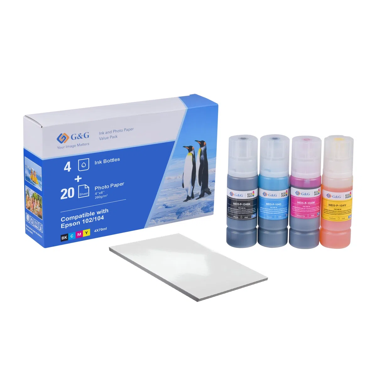 G&G Inchiostro Multipack Compatibile con Epson 102 104 per EcoTank ET-2850 ET-4800 ET-2720 ET-2712 ET-2714 ET-2715 ET-2720 ET-2721 ET-2726 ET-4700 (Inchiostro + carta fotografica)