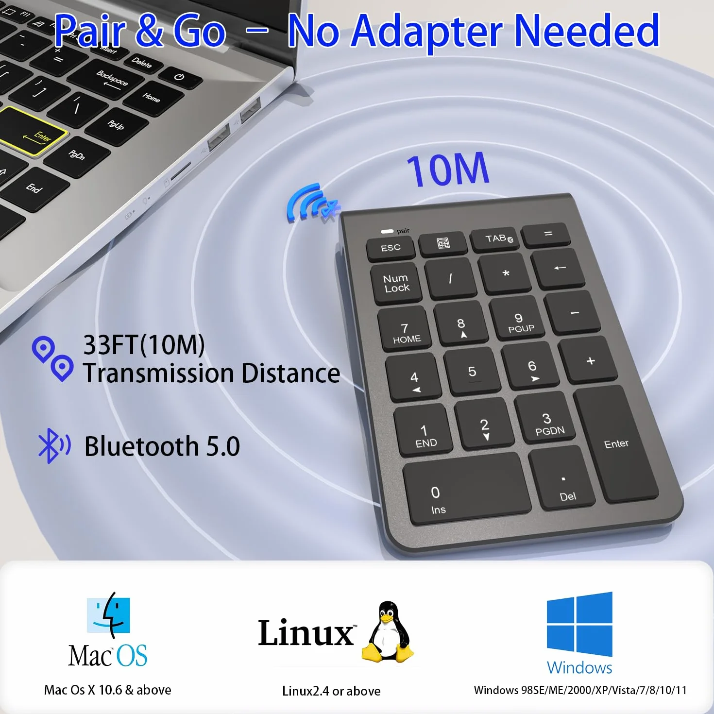 Tastierino Numerico Bluetooth 5.0-22 Tasti Tastierino Numerico per Laptop/MacBook/Surface Pro/PC - Design Ergonomico e Tasti Silenziosi Numpad (10m Portata)