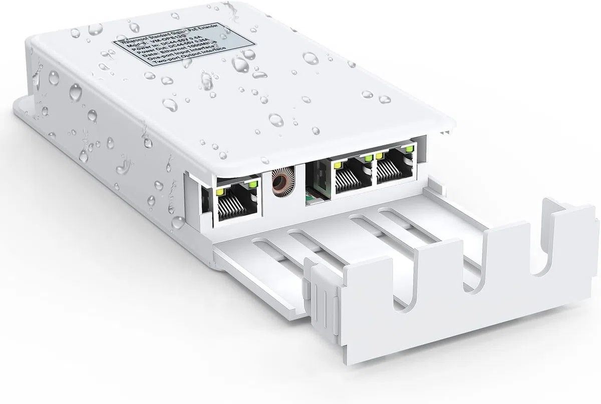 VIMIN Extender PoE Gigabit da Esterno a 2 Porte, Ripetitore PoE 1 in 2 out con 1000 Mbps, Compatibile IEEE802.3af/at, IP65, Estensione di Ulteriori 100 m di Alimentazione e Trasmissione Dati