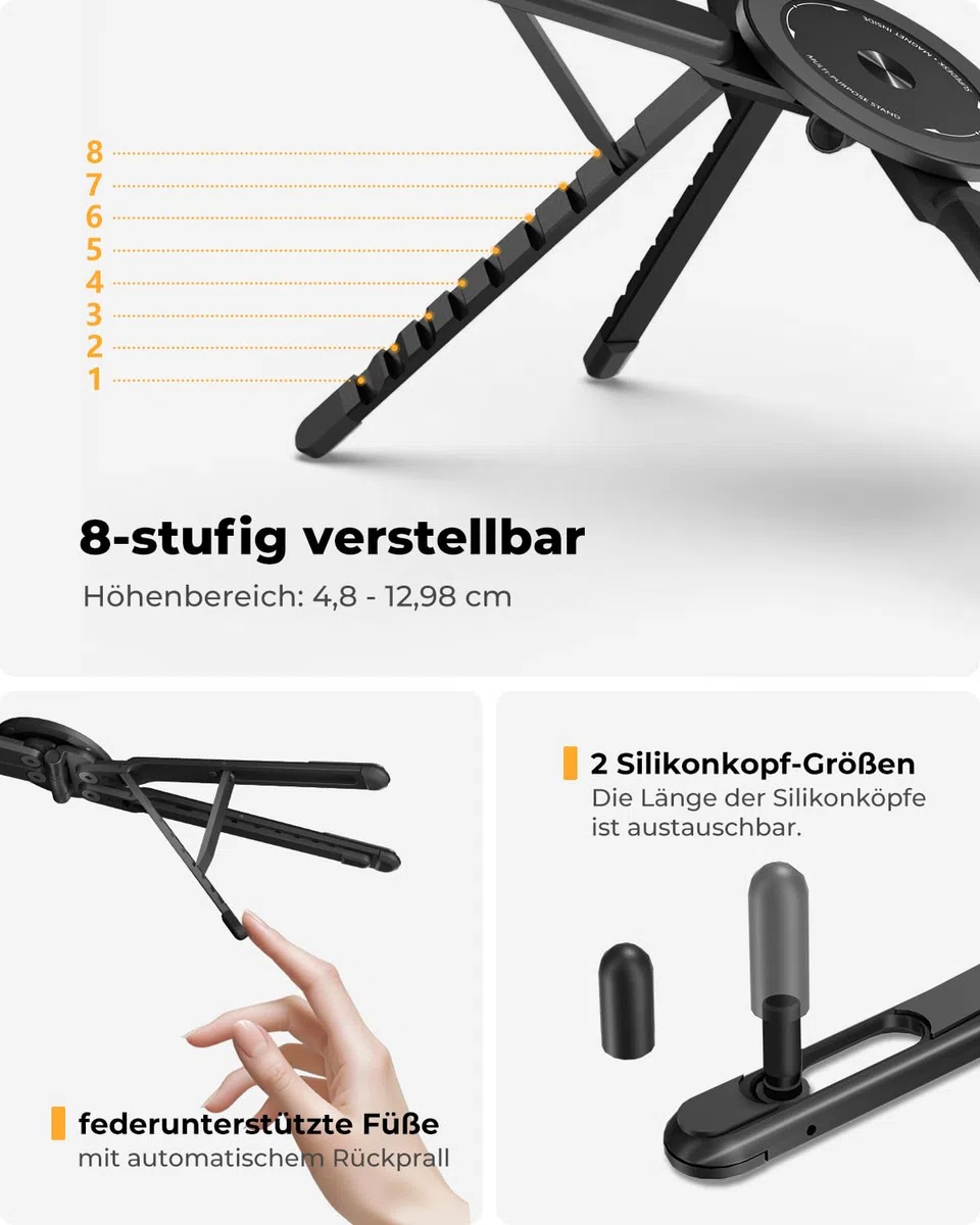 SupeDesk Supporto pieghevole per laptop 3 in 1 regolabile in altezza e angolazione, in lega di alluminio, supporto per laptop ventilato, supporto ergonomico per laptop da 4 a 16", magnetico