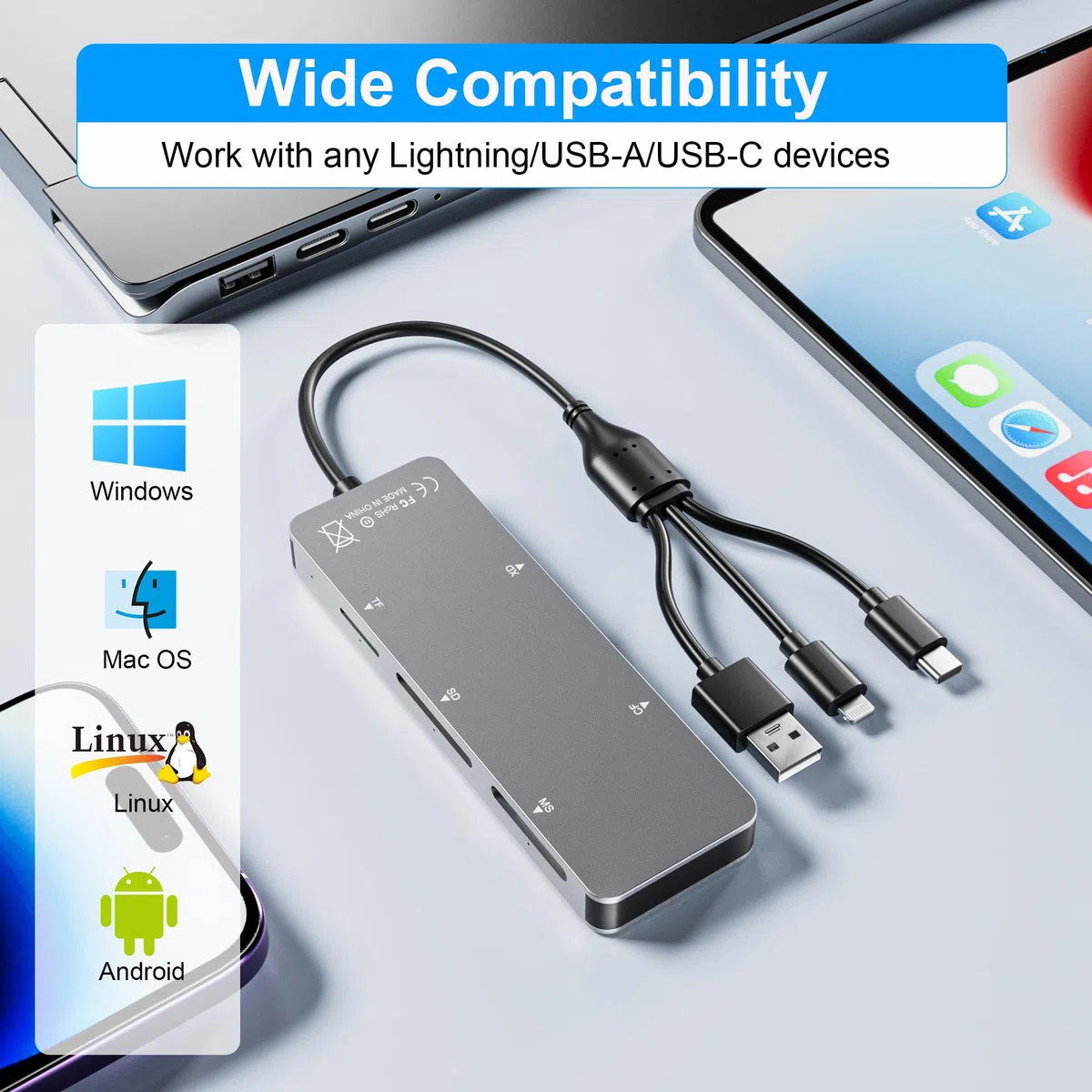 Adattatore Memory Stick pro Duo 5-in-1 in alluminio per schede SD/TF/CF/MS/XD per PC/Android/dispositivi luminosi, lettore Lightning+USB A+USB C Memory Stick pro Duo per iPhone