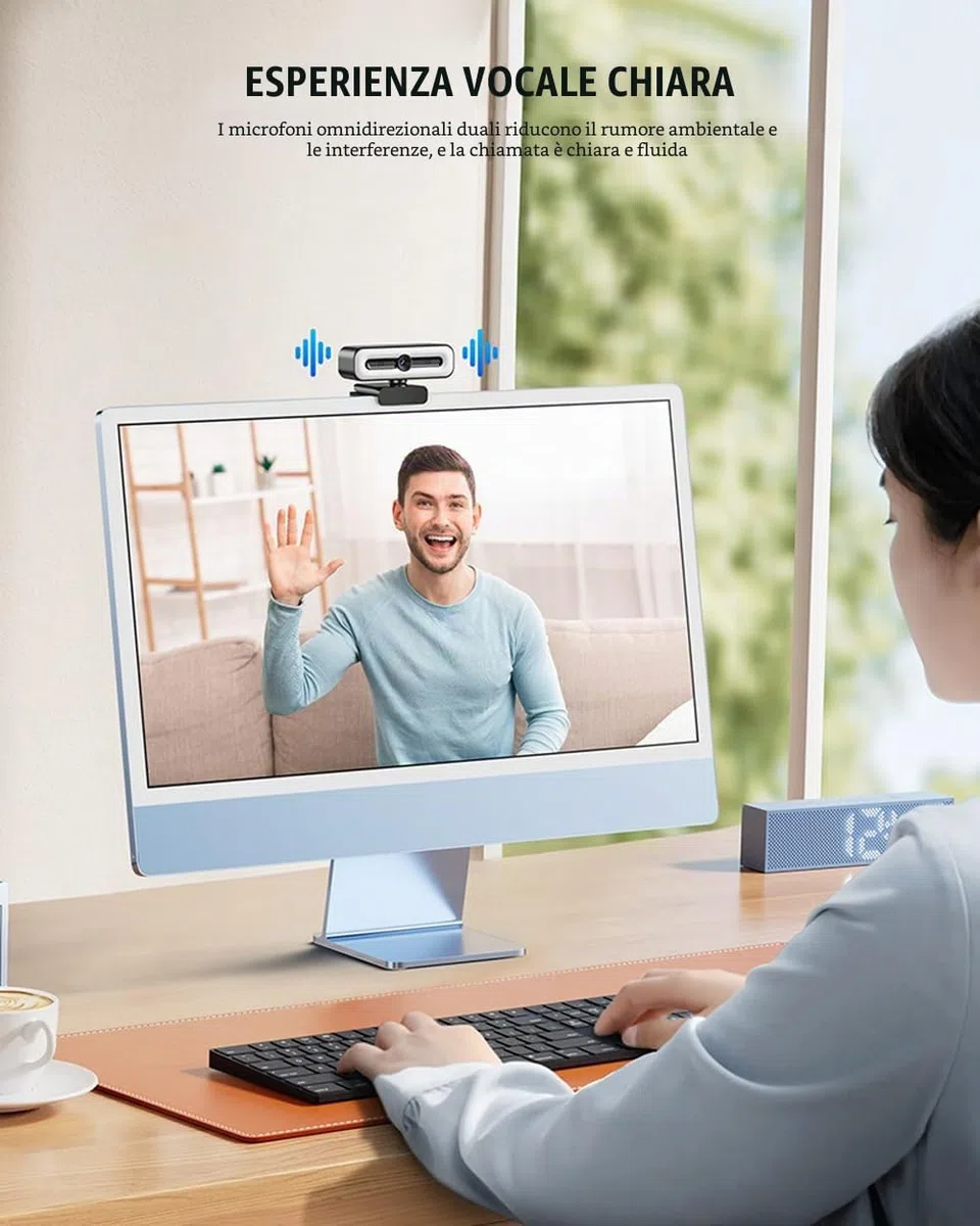 Webcam 4K UHD Ring Light per PC, webcam 1080P 60FPS con doppio microfono AI con cancellazione del rumore, correzione automatica della luce, copertura della privacy, FOV 73°, autofocus PDAF, copertura