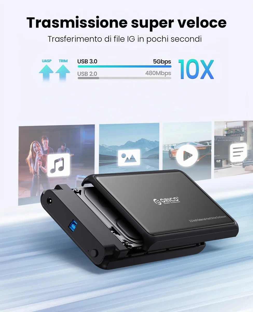 ORICO Case HDD 3.5" SATA USB 3.0 Esterno Custodia Disco Rigido per HDD e SSD SATA da 2.5/3.5 Pollici, Supporta UASP e Drive da 20TB, Adattatore Corrente 12V/2A Incluso (Metallo + ABS/DDL35-U3)