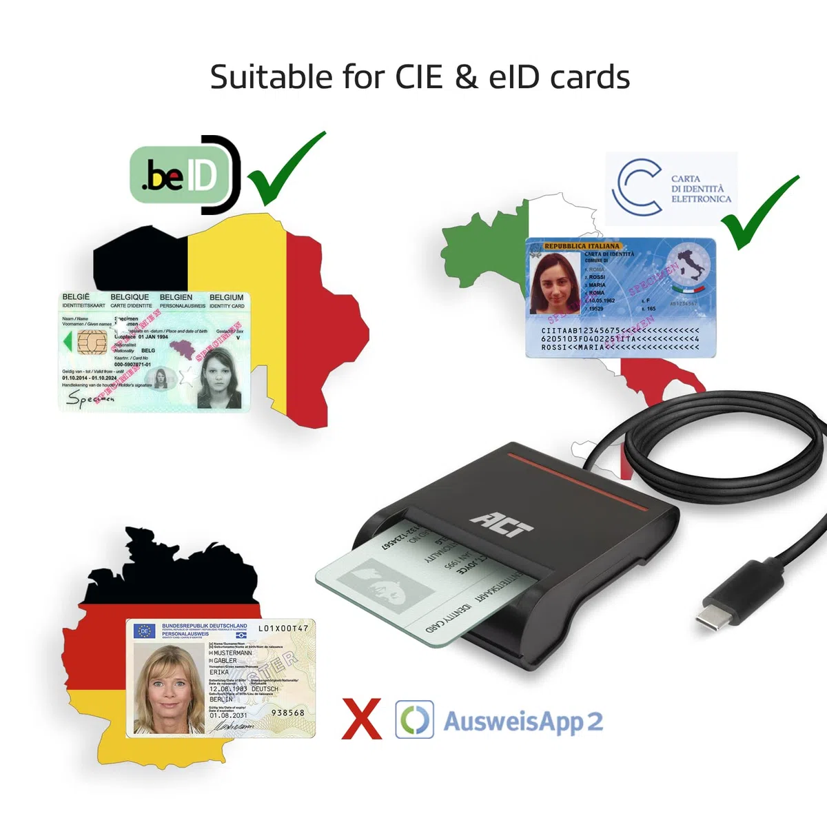ACT eID Card Reader Belgium, lettore di schede USB C, non per app 2, Power LED Status- AC6020
